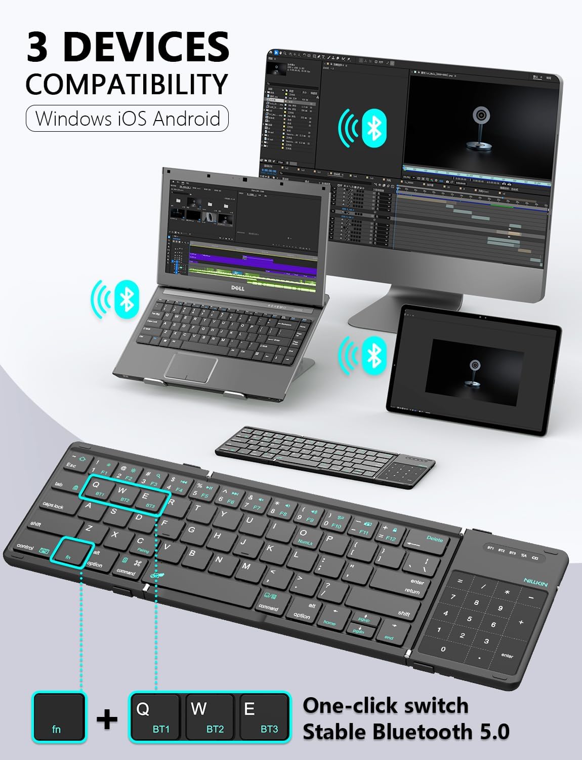 Nillkin Bluetooth 5.0 Foldable Keyboard with Trackpad & Numpad, Full-Size Travel Portable Keyboard for iPad Tablet Laptop PC Smartphone Windows iOS Android, Triple Device Pairing, Black - Image 2
