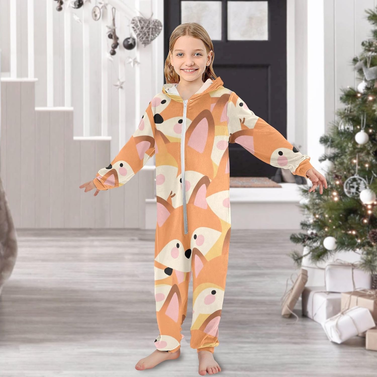 Sleepwear Holiday Pajamas Soft Warm Hooded One-Piecing Loungewear Sleepwear for Parties Sleepovers 4-14Y