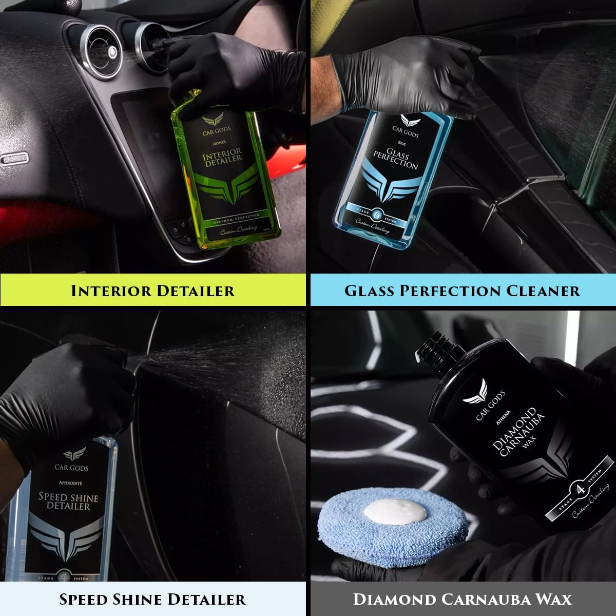 Car Gods 8 Piece Car Cleaning Detailing Kit - Shampoo - Carnauba Wax - Wheel Cleaner - Shine Detailer - Fallout Eliminator - Tyre Serum - Interior Detailer - Glass Cleaner
