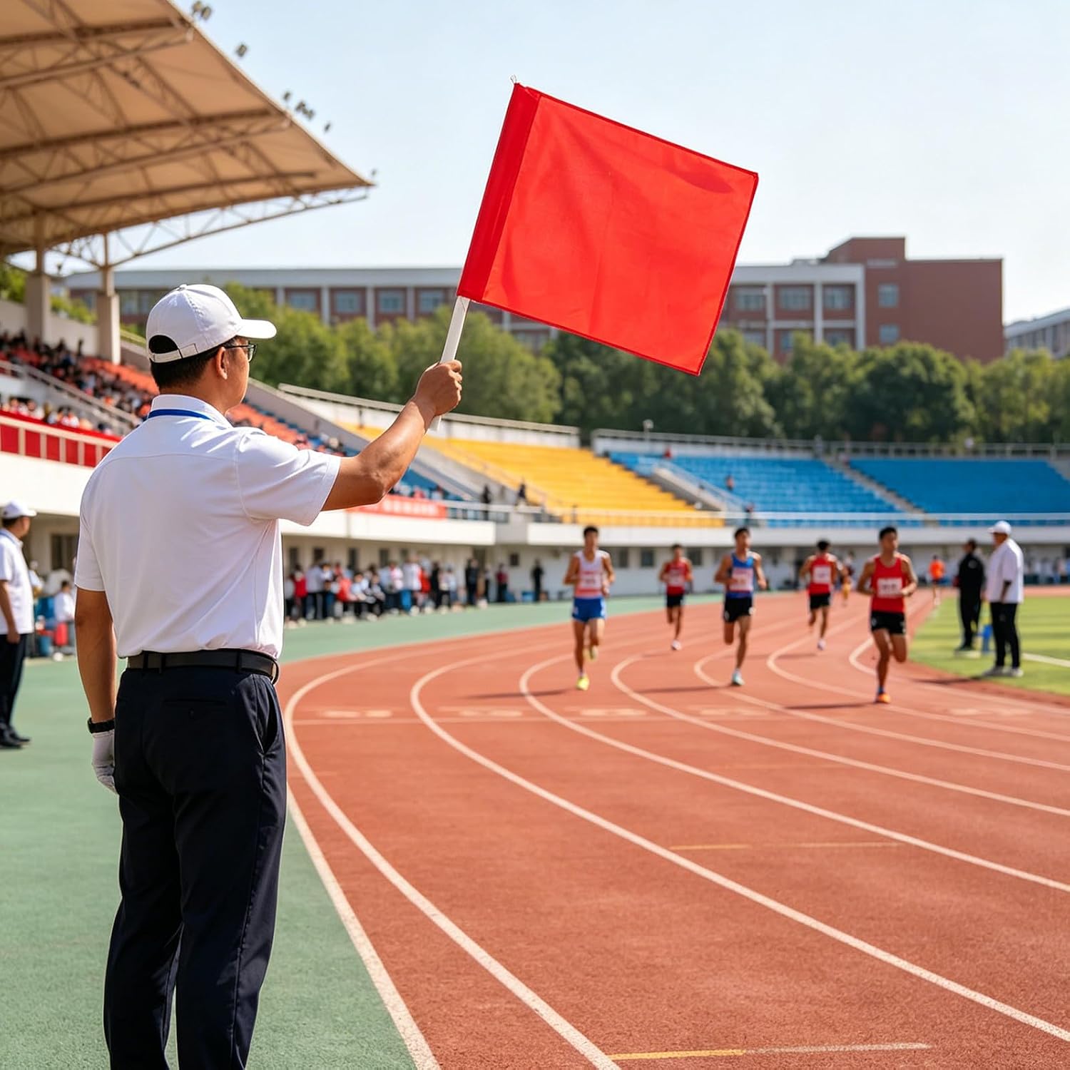 SEWACC 10pcs Red Referee Flags for Football and Volleyball with Ergonomic Handle and Double-stitched Edges, Sturdy Pvc Material Suitable for Sports Training and Outdoor Sports Fields