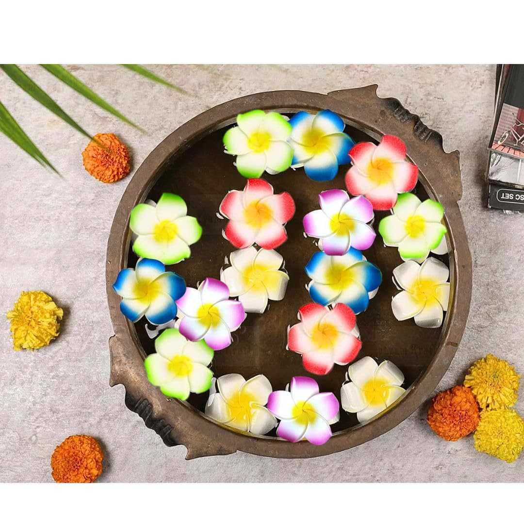 24 Pcs Artificial Flower for Pooja Room Decoration Foam Plumeria Hawaii Flowers Frangipani Beach Floating Flower for Home Pooja Room Office Necklace Garland DIY Craft Wedding Gift Items