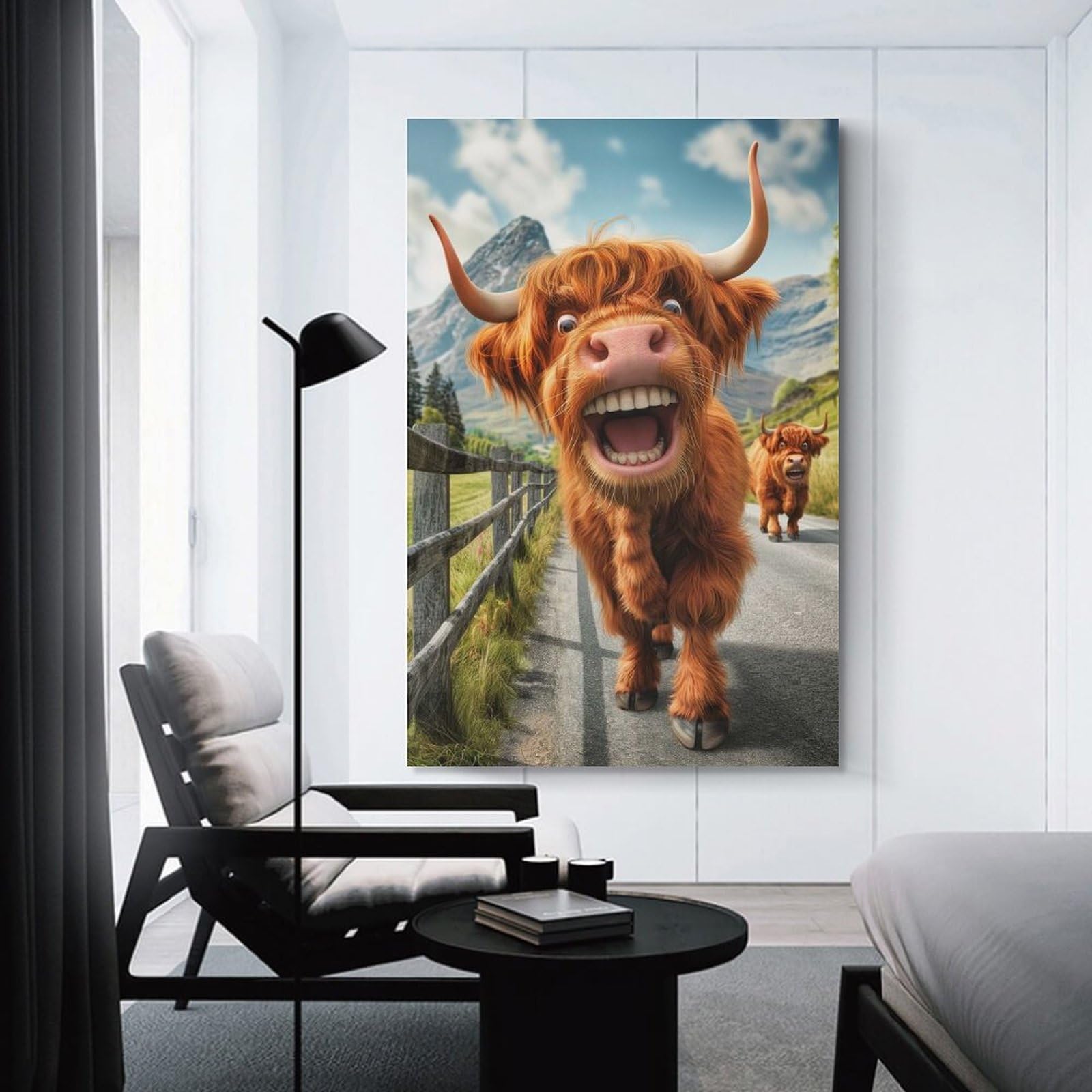 Junmoney Unframe-Style-18-2 Canvas Wall Art Funny Highland Cow Glencoe, 24X36inch(60X90cm), For Lounge, Study, Hallway Or Flat Walls, Canvas Wall Art That Fits Changing Layouts