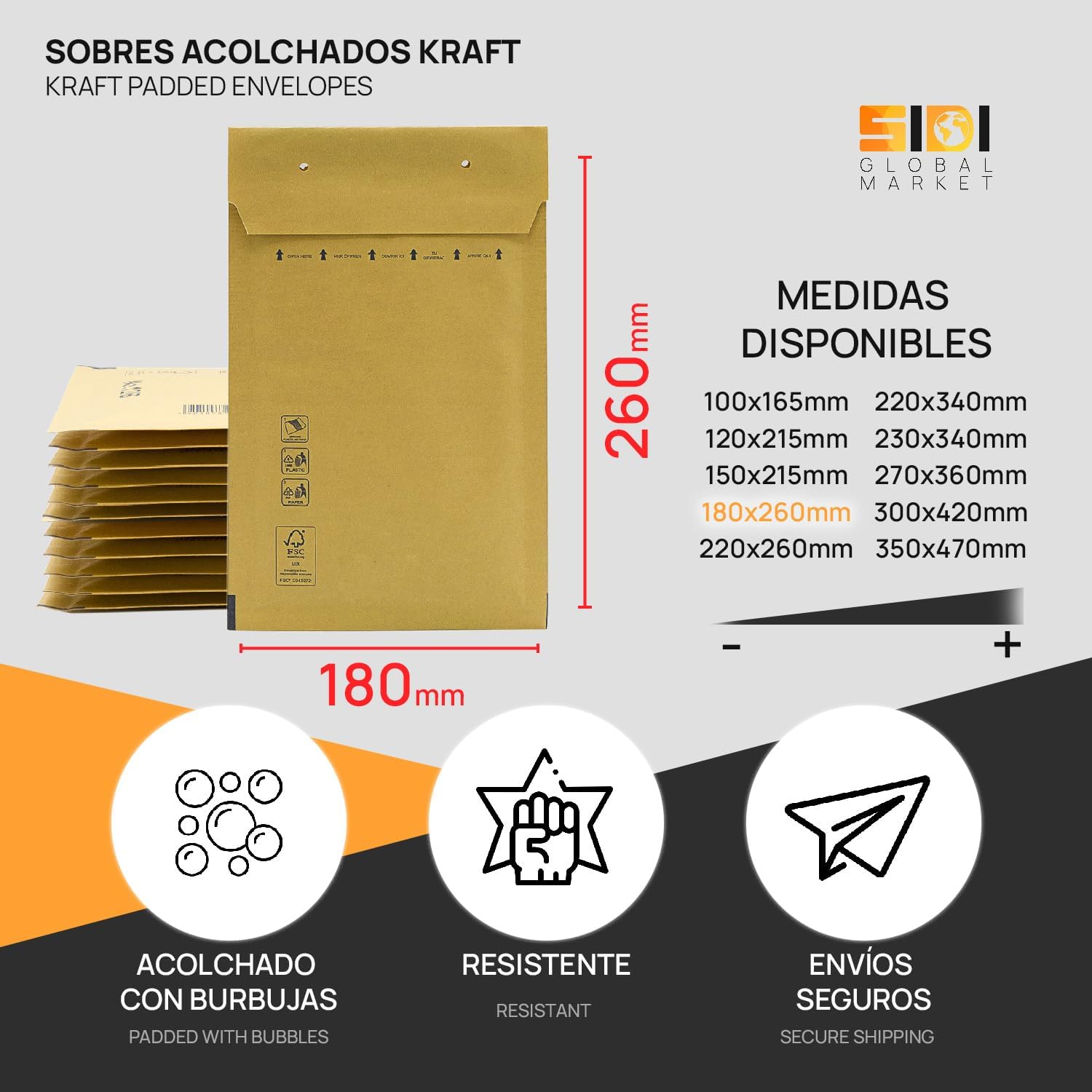 Padded Envelopes, Bubble Mailers, Kraft Bubble Padded Envelopes with Self-Seal Seal, Clothing Shipping Bags, Kraft Padded Envelopes - SIDI (180x260mm, 20 pcs)