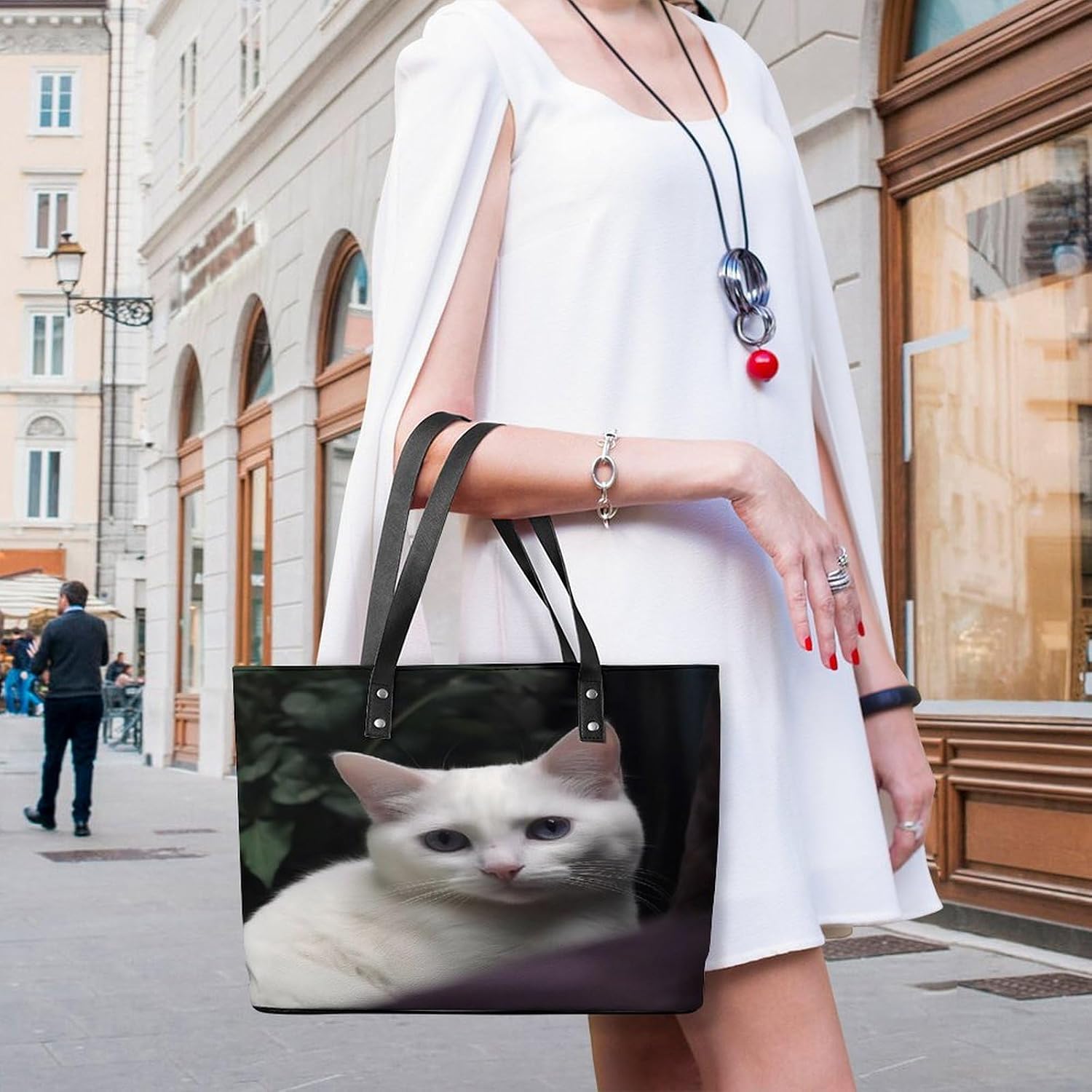 White Cat Tote Bag with Reinforced Bottom & Handles,Gym Bag Durable And Tip-proof,Weekender Bag to Top Zipper Closure,Daily Essentials