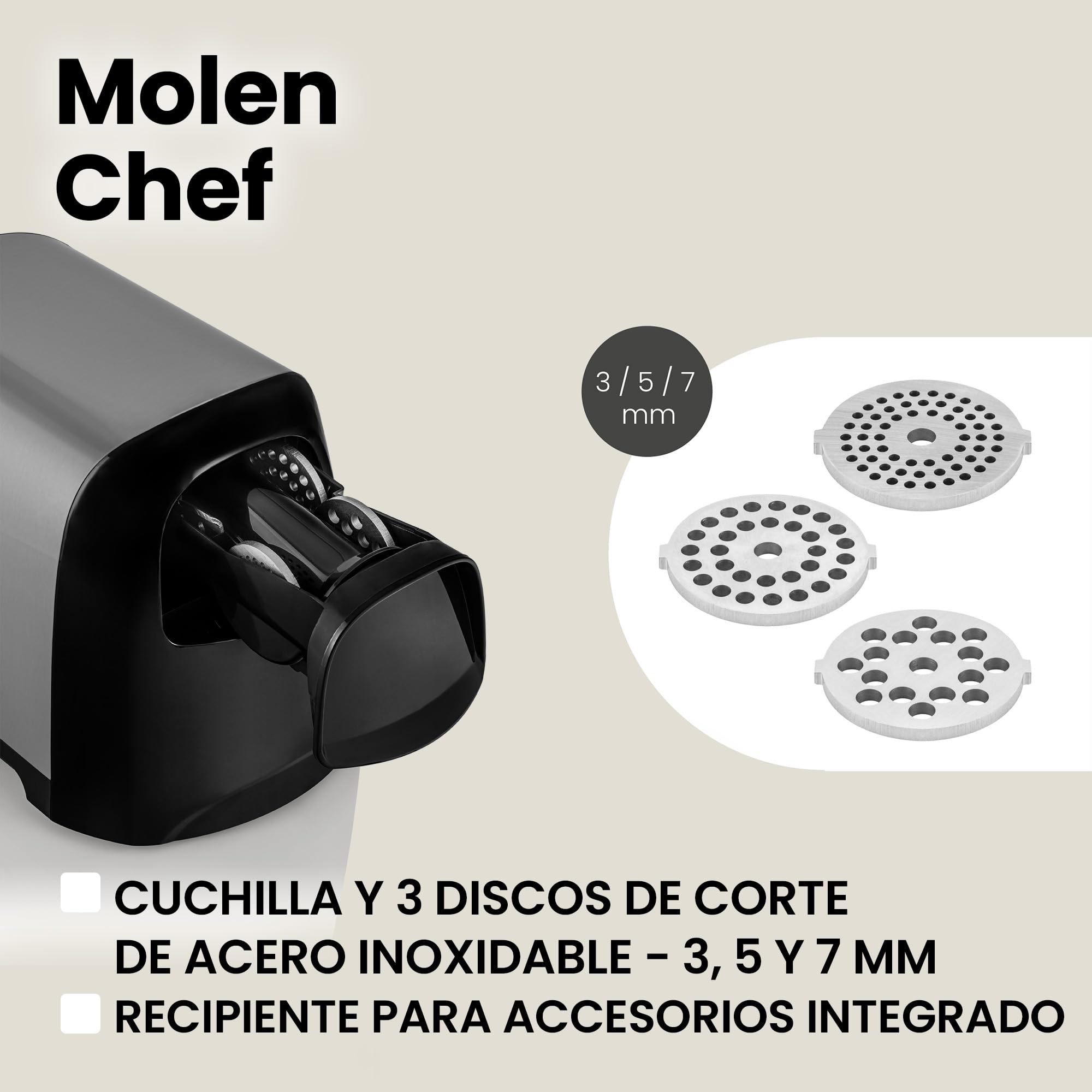 ZEEGMA Molen Chef Picadora eléctrica de carne 1900 W con 3 placas de molienda de acero inoxidable, 3 kg/min, máquina de embutidos, kubbe, triturado, función REV, estuche de accesorios (Plata)