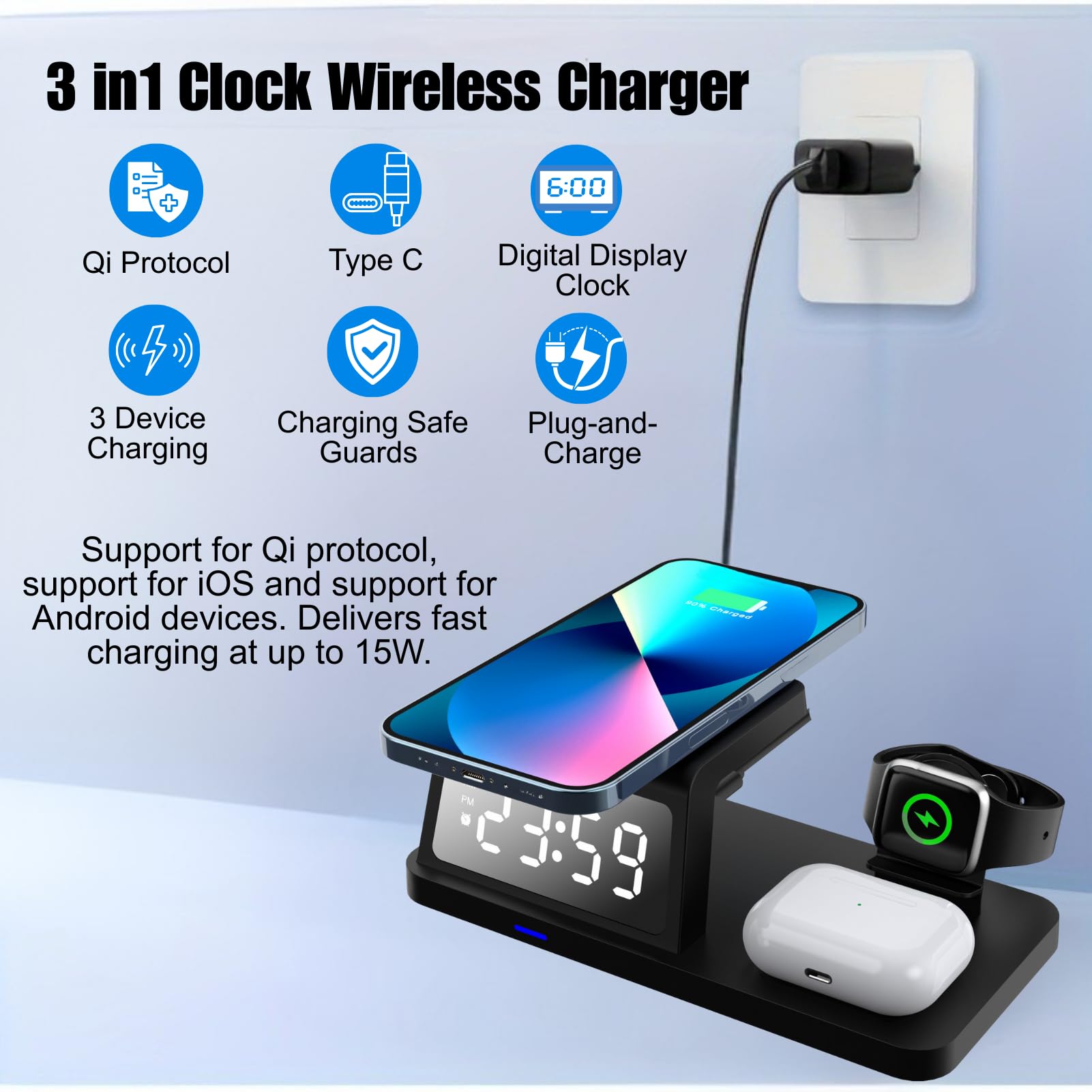 Caricabatterie Wireless Stazione di Ricarica Induttiva 3 in 1 Sveglia per Telefoni Cellulari Smartwatch Cuffie, Caricabatterie Wireless Compatibile con Potenza in Uscita 15W