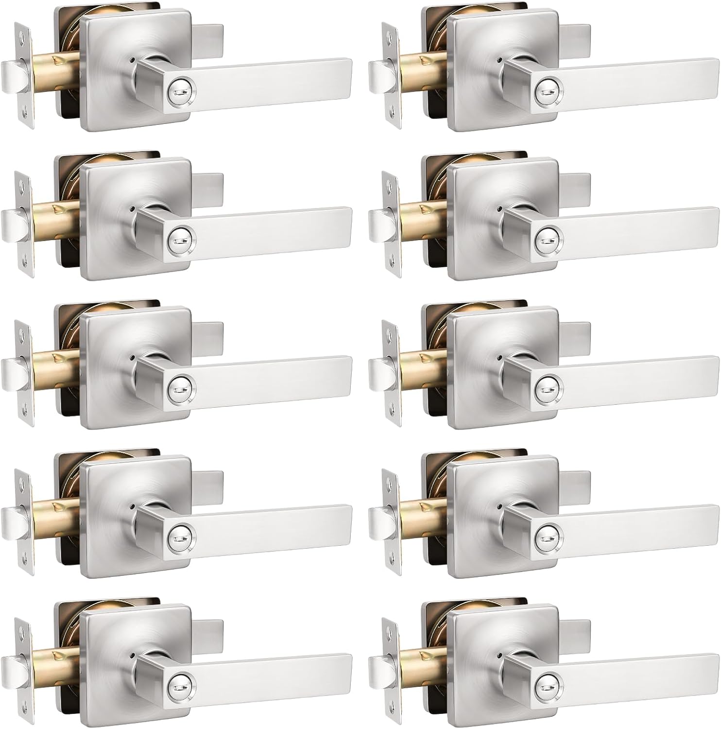 GOBEKOR 10 Pack Brushed Nickel Door Handles Interior Door Knobs with Lock Privacy Door Handle Bedroom Bathroom Door Locks Silver Door Levers Square Door Handle Lock