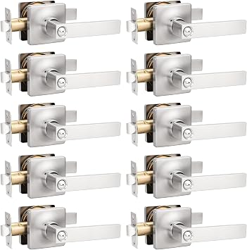 GOBEKOR 10 Pack Brushed Nickel Door Handles Interior Square Privacy Door Levers Modern Nickel Door Handle with Lock for Bedroom Bathroom Reversilble for Left/Right-Handed Doors