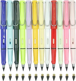 XNJIHWA 12PCS Infinity Pencil Lasting Writing Black Refill Pencil Inkless Pencil Reusable Everlasting Pencil with Eraser and Replacement Nibs for Writing, Drawing, Home, Office, School