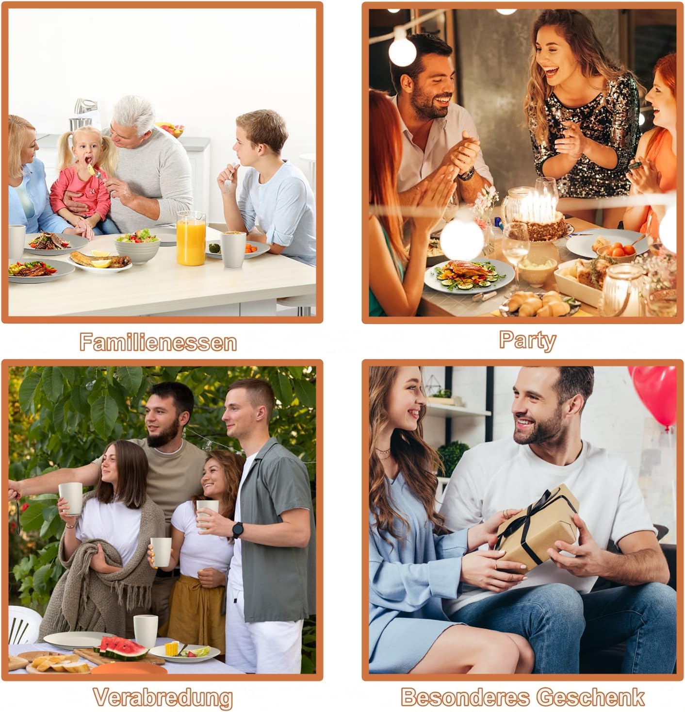 Wrova Set di stoviglie da 40 pezzi, piatti e ciotole, infrangibili, per 8 persone, lavabili in lavastoviglie e adatte al microonde, stoviglie per picnic, compleanni, campeggio, beige