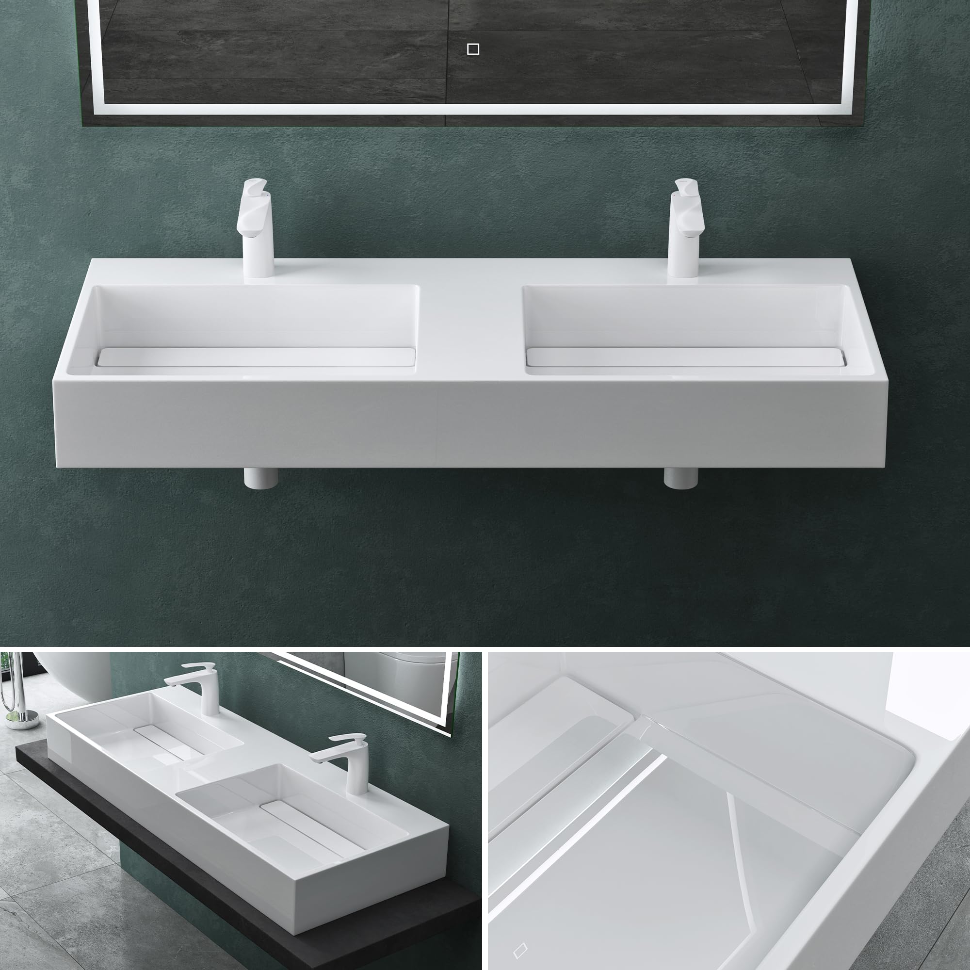 Mai & Mai Waschbecken Aufsatzwaschbecken Hängewaschbecken Col12 Doppelwaschbecken 120x48x13cm Waschtisch Waschplatz in weiß aus Mineralguss ohne Überlauf
