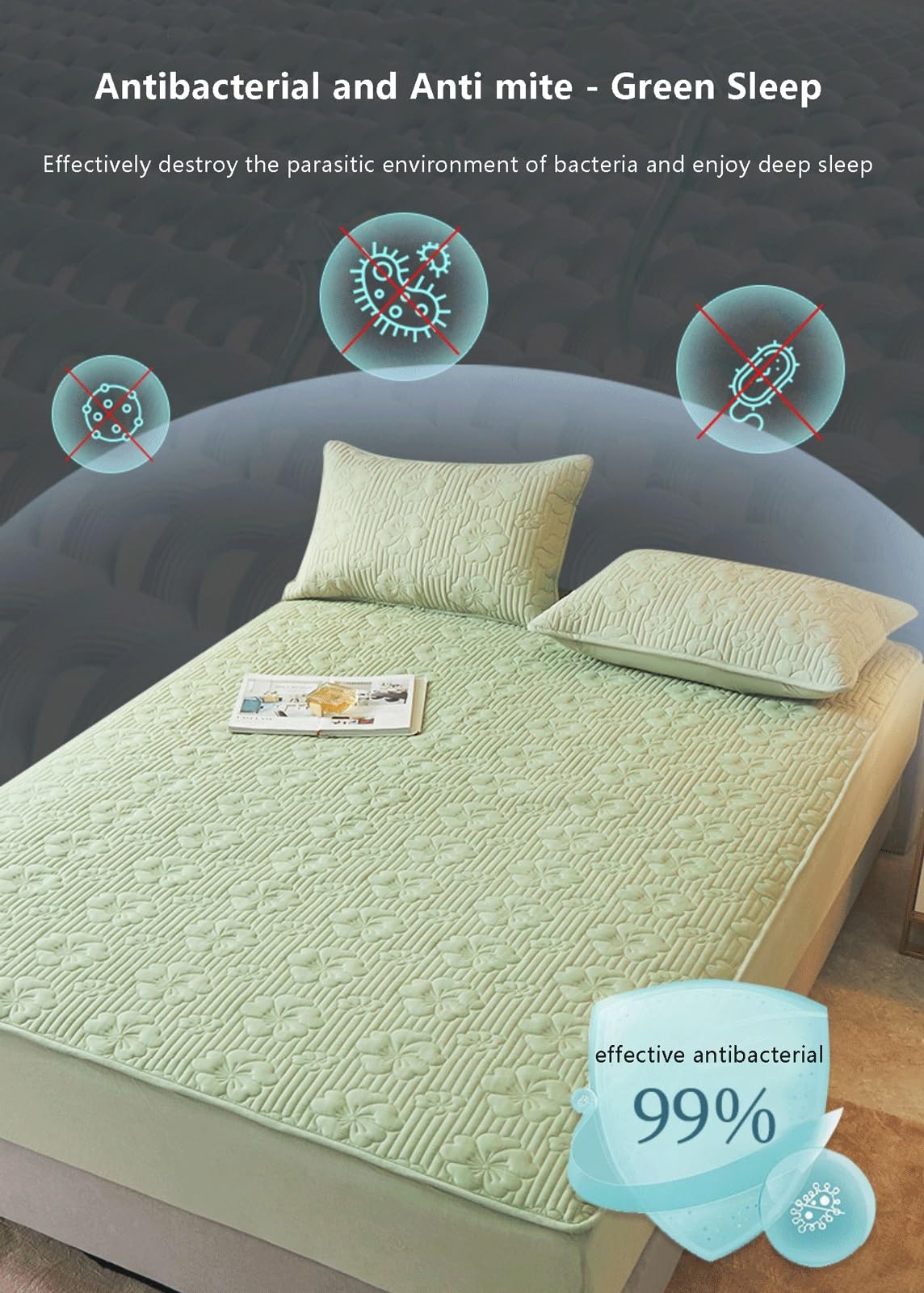 Baumwolle Matratzen-Topper 120x200cm bis 200x220cm Gesteppter Matratzen-Auflage - Matratzenschoner Unterbett Soft-Touch mit 30cm tiefem Tasche(Green,180x200+30cm)