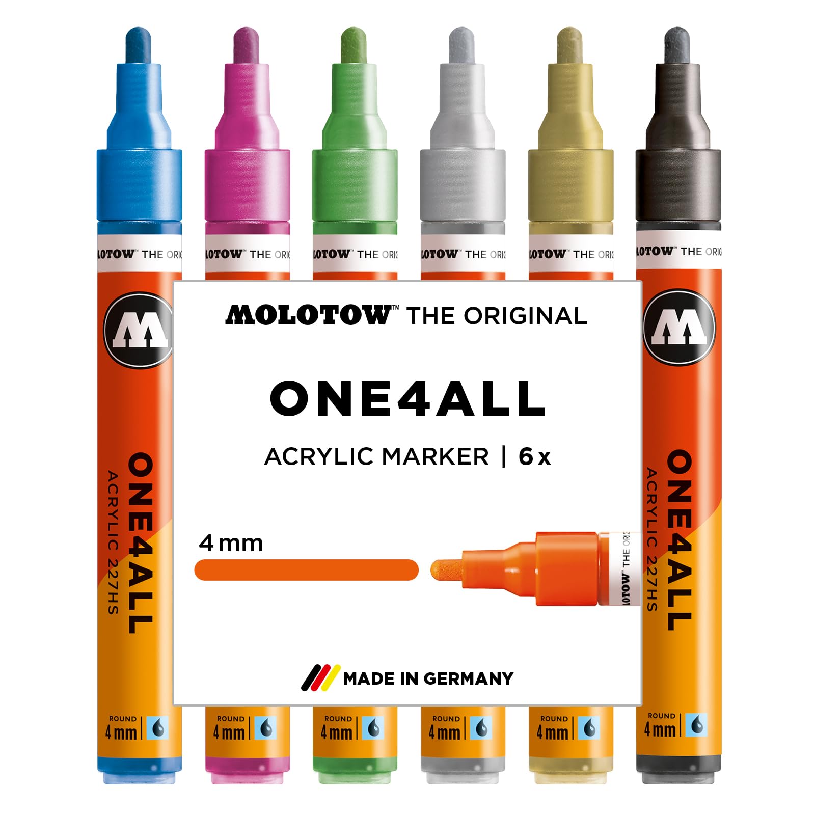 Molotow One4All 227HS Acryl Marker Metallic Set (4,0 mm Strichstärke, hochdeckend und permanent, schnell trocknend, nachfüllbar, für fast alle Untergründe) 6 Stück sortiert
