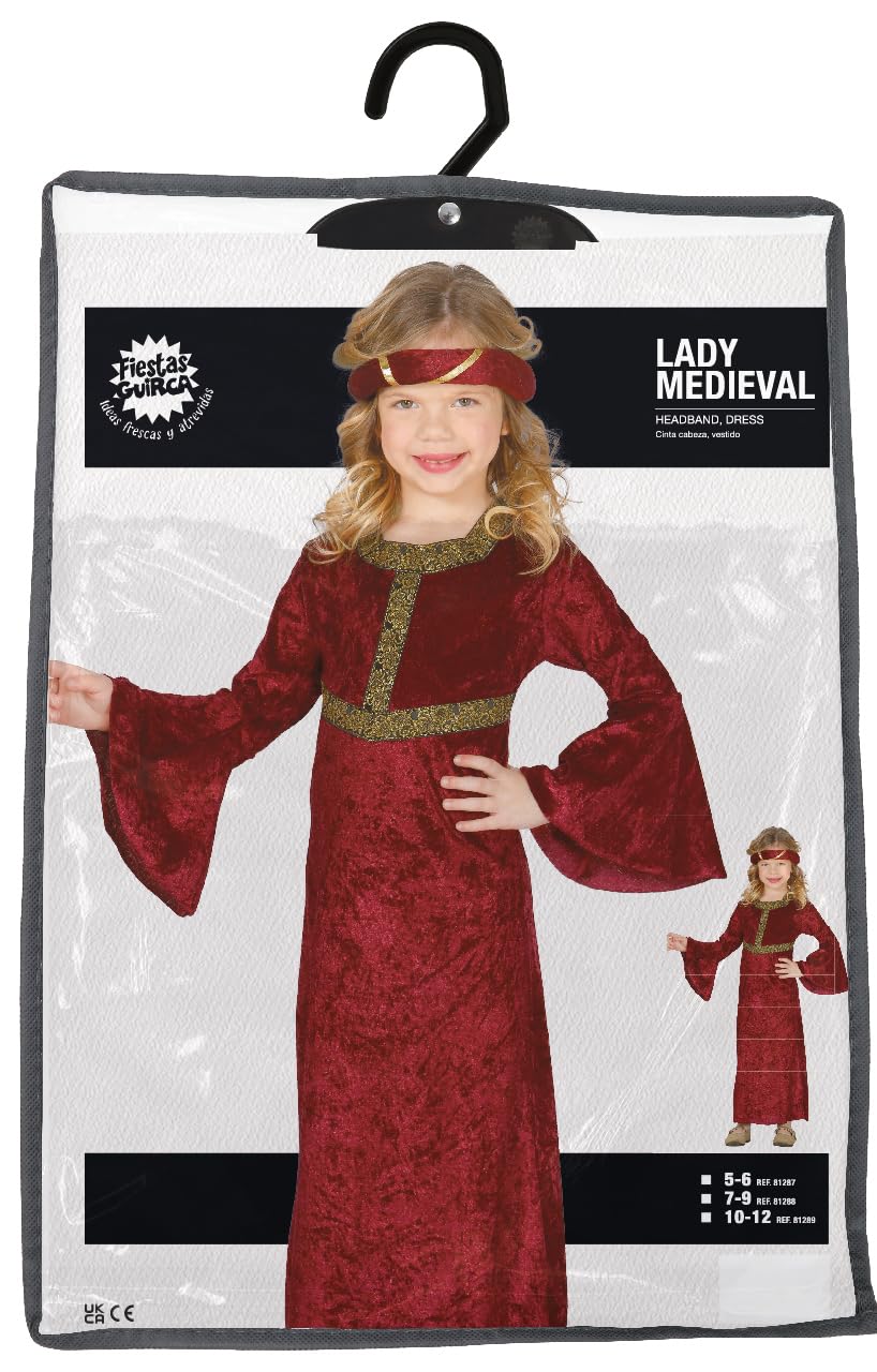 Mittelalter Burgfräulein Kostüm Für Mädchen 10–12 Jahre – Weinrotes Kleid Mit Goldenen Verzierungen & Stirnreif