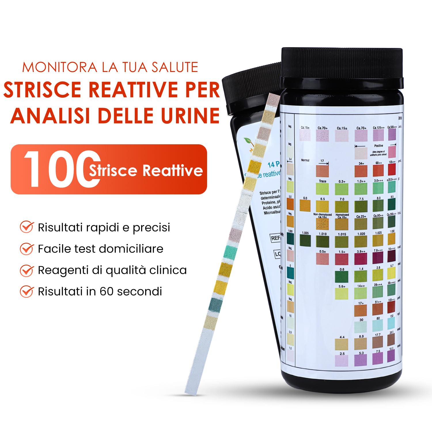Strisce reattive per urine VED 100 x 14 in 1 | Strisce reattive per urine a 14 parametri per urobilinogeno, bilirubina, chetoni, sangue, proteine, peso specifico, pH, acido ascorbico, calcio urinario.