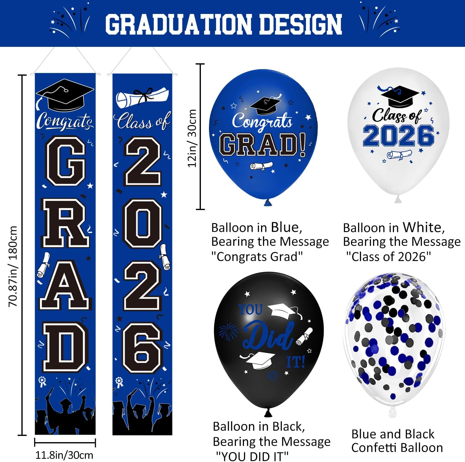 Graduation Decorations Class of 2026 - Blue Themed Graduation Supplies Include Grad Backdrop, Banner, Hanging Swirls, Porch Sign, Balloons, Foil Number 2026 for Congrats Grad Party Decorations image 3