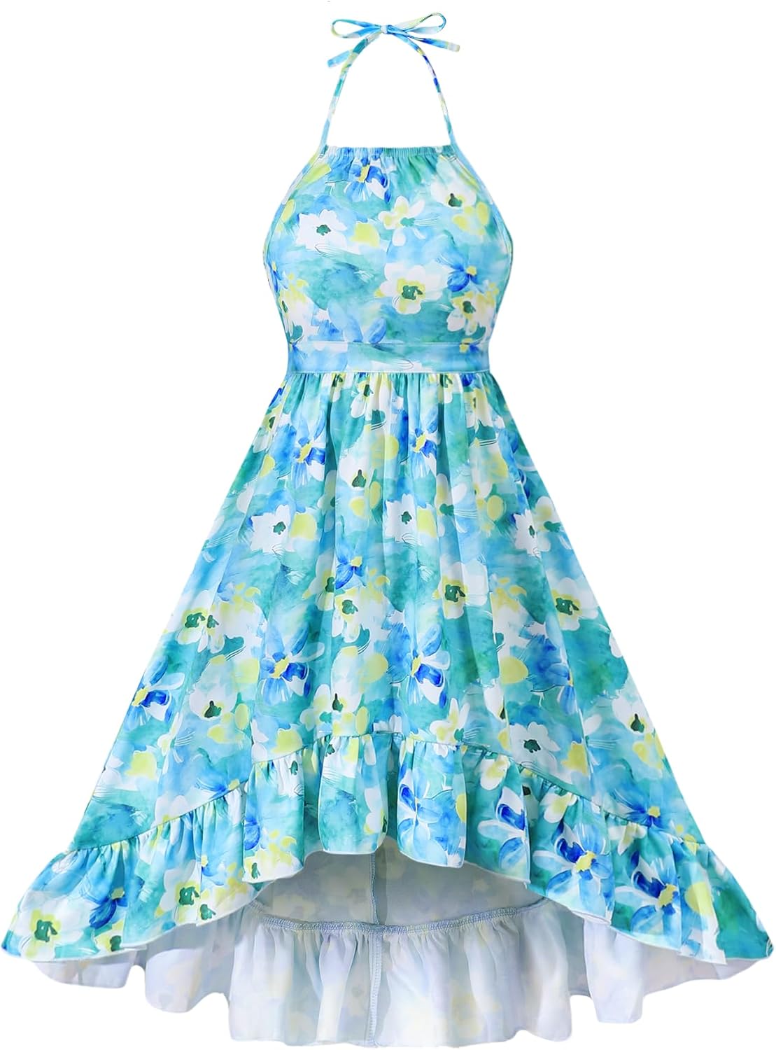 Girls Summer Floral Dress A Line Halter Off Shoulder and Ruched Ruffle Hem Spring Midi Dress for Teen Girls 7-14Y