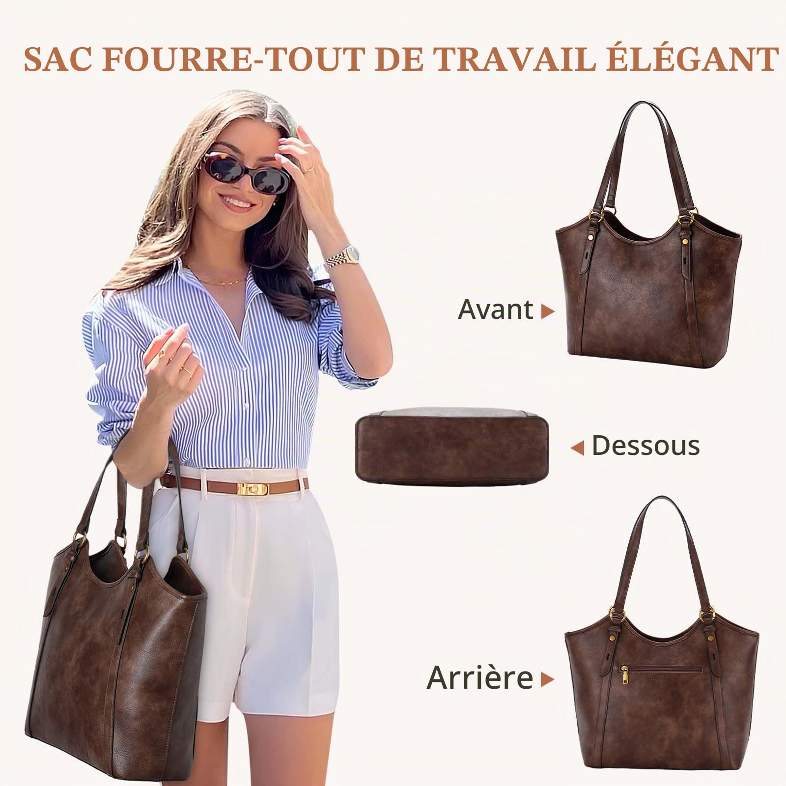 VASCHY Sac Cabas Femme Cuir PU, Mode Sac à Main Élégant pour Cours Sac Ordinateur 14 Pouces Grand Format Tote Bag Zippé pour Travail École Voyage