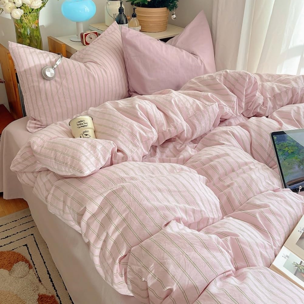 Pink Striped Duvet Cover Sets Single Pink and Green Stripes Bedding Set