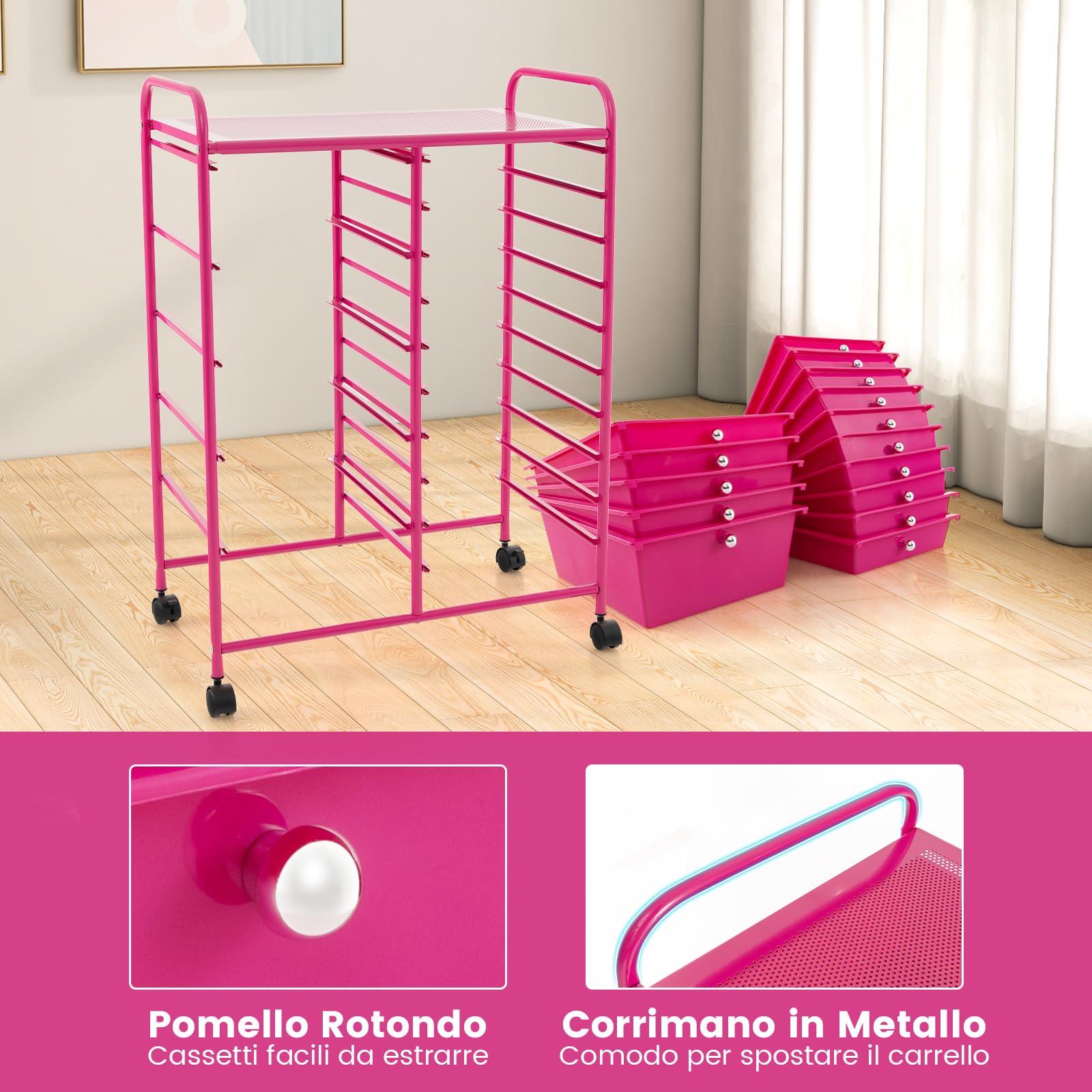 GIANTEX Carrelli Porta Oggetti, con 10+5 Cassetti Impilabili, 2 Ruote Bloccabili, Braccioli Metallici, Portabile e Pratico, per Ufficio, Studio, Cucina,Bagno, 5 Colori Disponibili, 62,5x37x87 cm