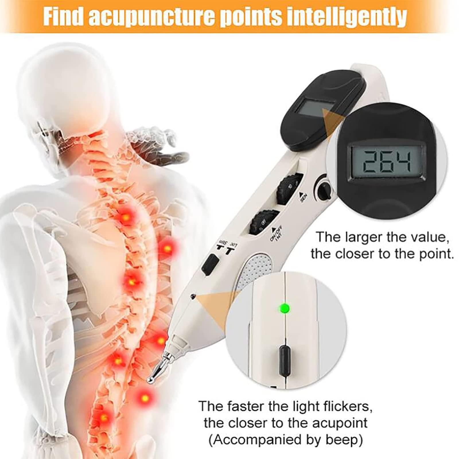Bolígrafo electrónico de acupuntura, masajeador para aliviar el dolor con 10 intensidades y sensibilidad, detecta automáticamente los puntos de acupuntura, frecuencia de pulso ajustable de 1 a 23 Hz