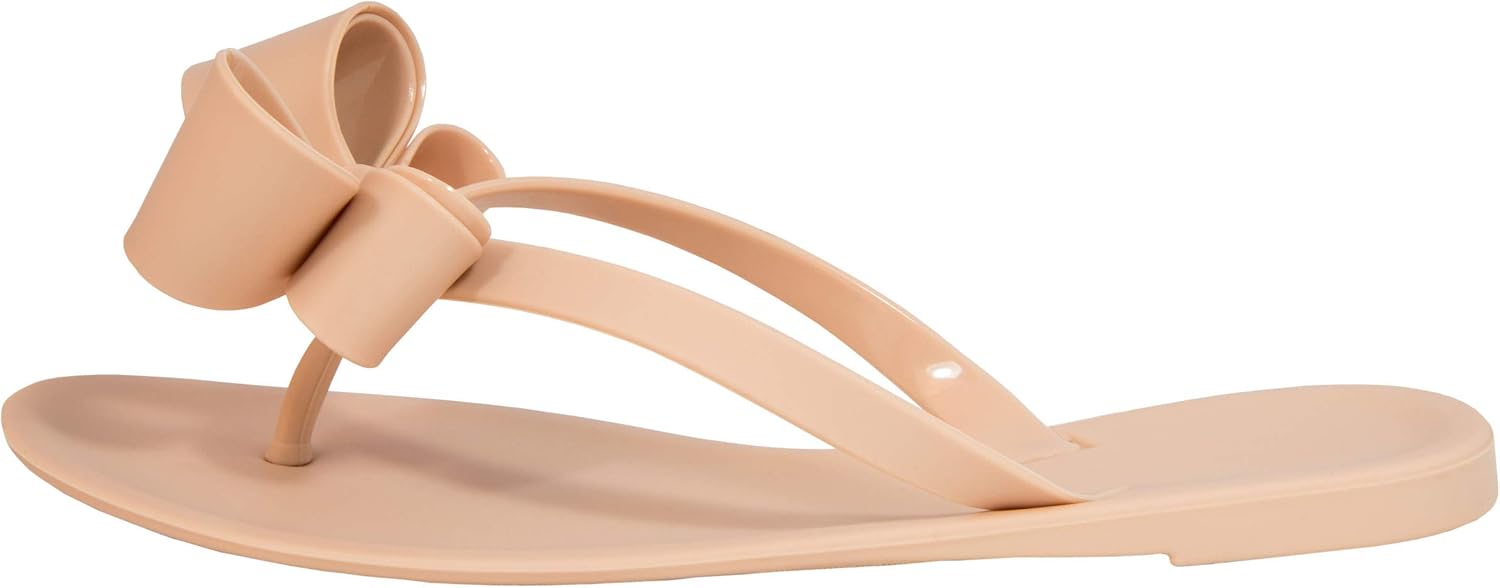 BOMBELLA Women's Bow Sandals Bowtie Jelly Flat Thong Rubber Strap Summer Flip Flop Beach Rain Shoes (Nude, 9)