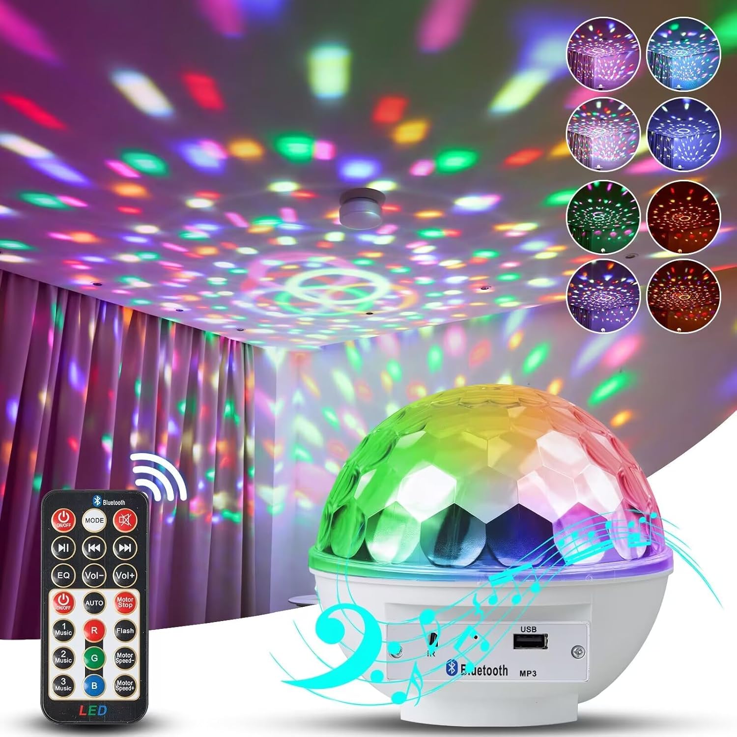 Disco Ball Lights RGB Sound Activated Strobe Rotating Party Stage Lights, Built-in Bluetooth Speaker, for Adult Home Theater,Room Decoration,Halloween Christmas Gift, Birthday Gift, Karaoke