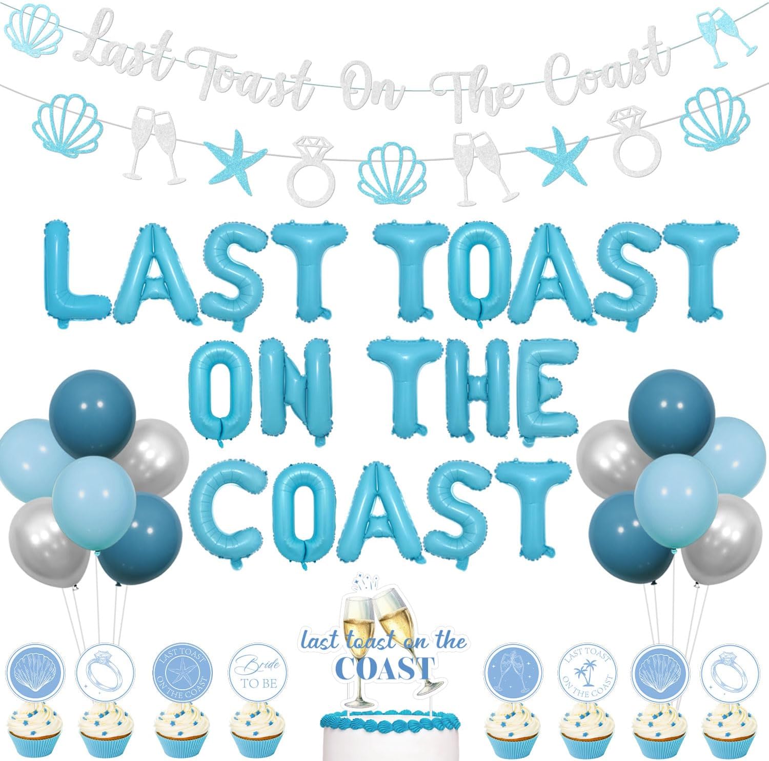 Last Toast on the Coast Bachelorette Decorations Coastal Party Deocr Foil Balloon Banner Shell Diamond Ring Champagne Garland Banner Cupcake Toppers for Summer Beach Bridal Shower Party Supplies