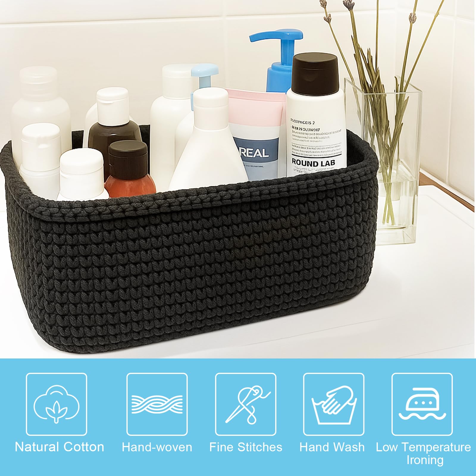 Panier De Rangement En Corde De Coton Tressé à La Main - Dimensions 21x13x15,5 Cm - Noir - Pour Salle De Bain, Cosmétiques, Jouets