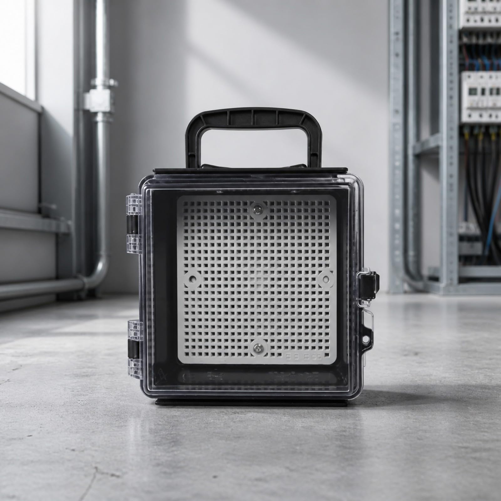 Amagogo Involucro Elettrico Portatile con Coperchio a Cerniera Resisn Agli Urti Custodia Elettrica con Maniglia e Chiusure in Acciaio Inox Affidabile, Nero Trasparente, 150x150x90mm