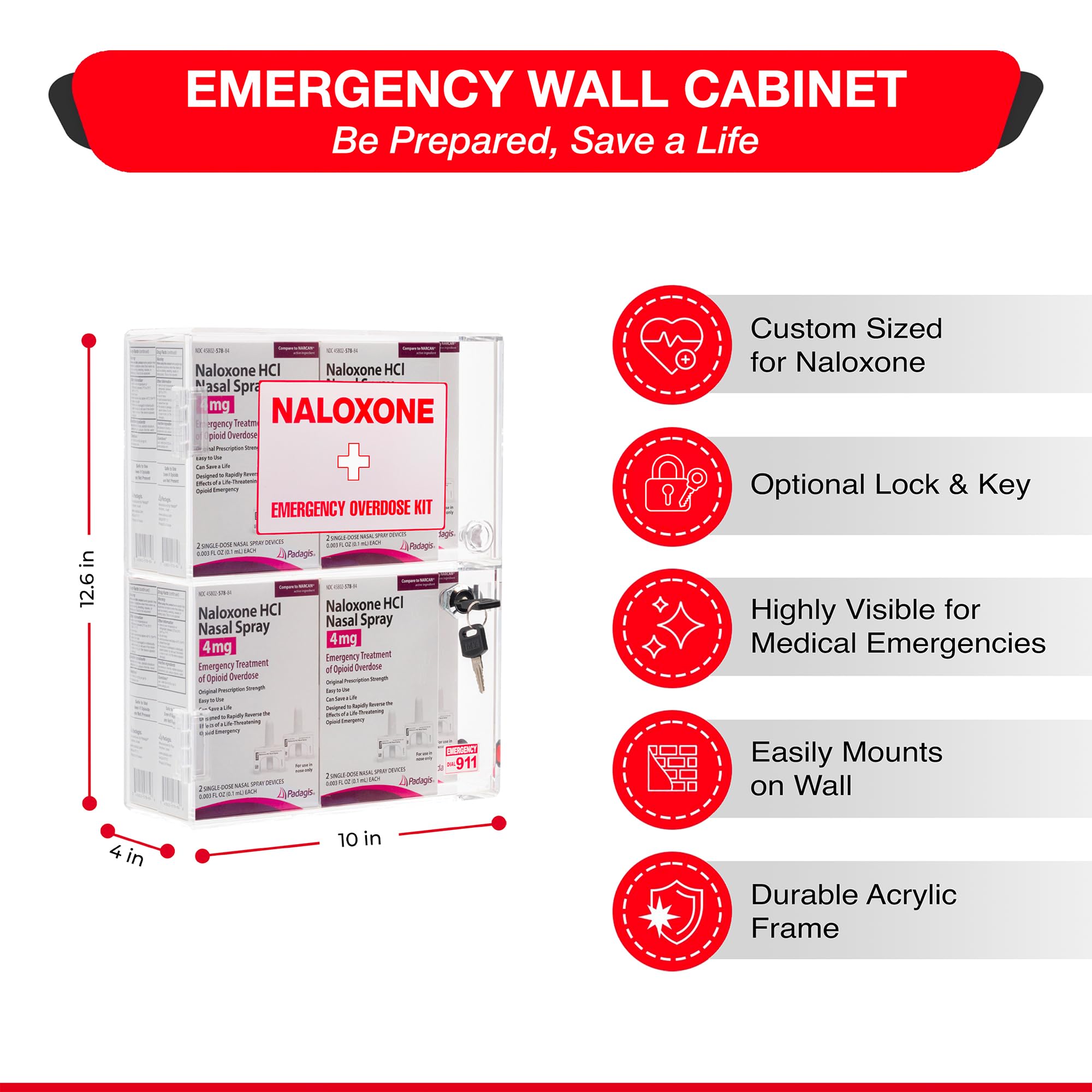 Kit de emergencia de sobredosis de naloxona para montaje en pared, diseñado a medida para espacios públicos para contener 6 cajas y accesorios de naloxona, incluyendo kits de primeros auxilios o