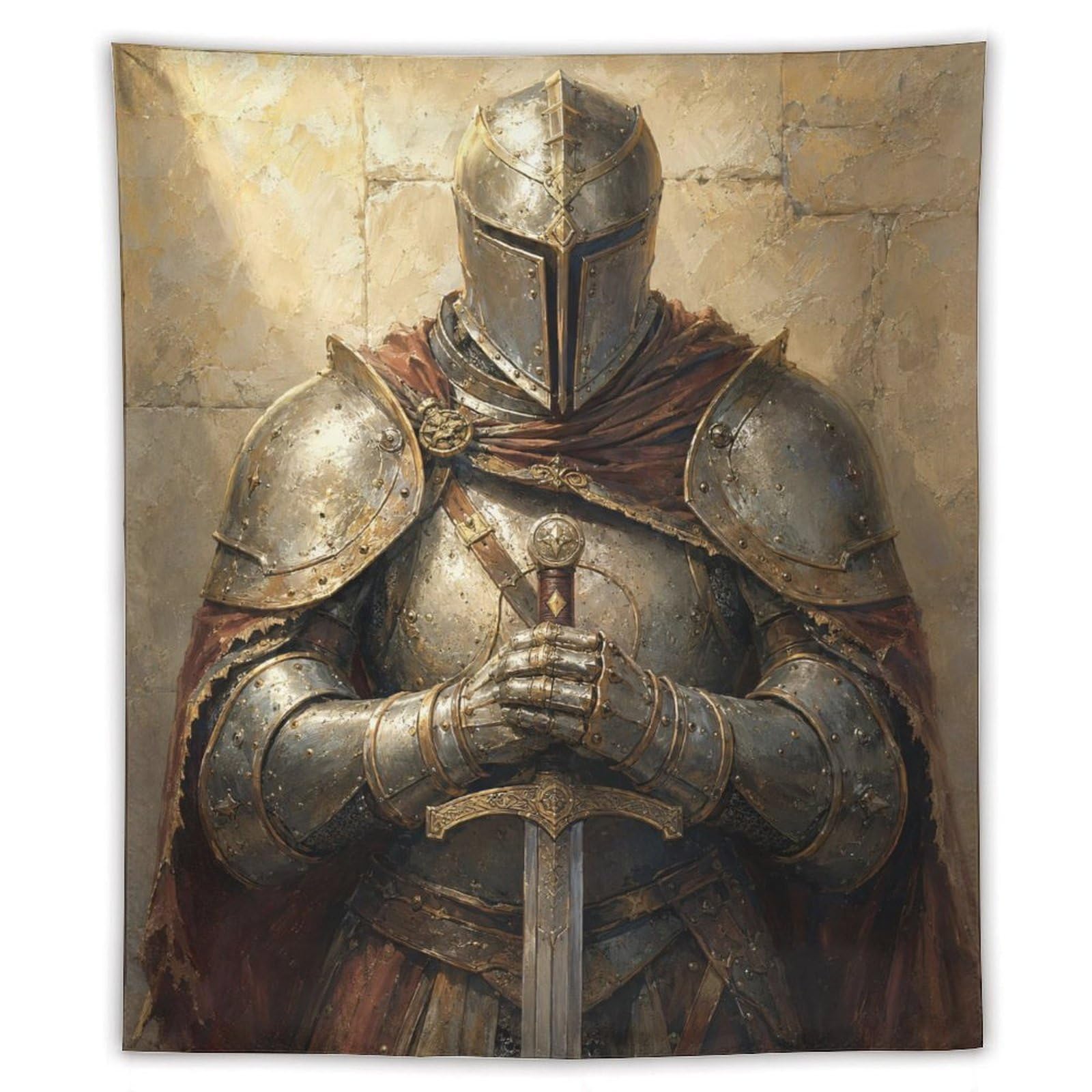 W7C8U2X3 Medieval Knight Prayer Wall Tapestry, Renaissance Art Style