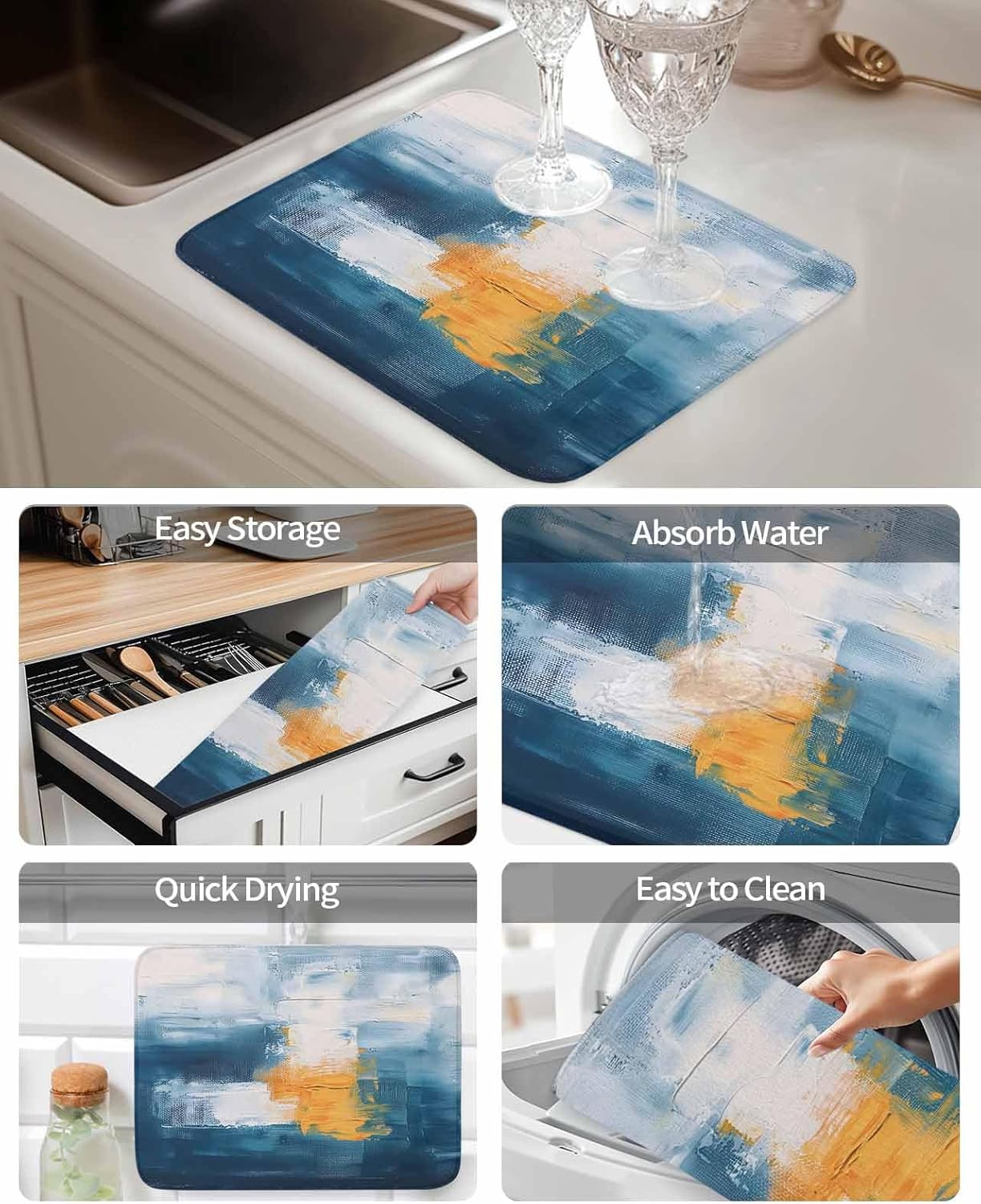 Dish Drying Mat for Kitchen, Abstract Paint Texture Blue Yellow Oil Painting Absorbent Kitchen Counter Mat, Dish Drying Pad for Dishes, Utensils, Pots and Camping, 18"x24"(2 Panel)