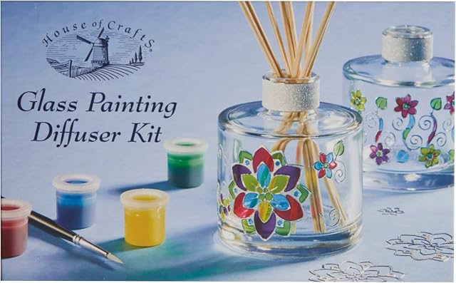 House Of Crafts - Glass Painting Diffuser Craft Kit, with Glass Fragrance Diffuser Bottles, Silver Stickers, Glass Paint, Reed Sticks and Artist's Brush, Starter Hobby Craft Set, Unique Gift Idea