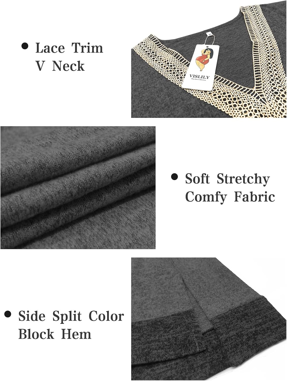 VISLILY Womens-Plus-Size-Tops Lace Trim V Neck Shirts Long Sleeve Sweatshirts Color Block Side Split Hem Tunics XL-5XL - Image 3