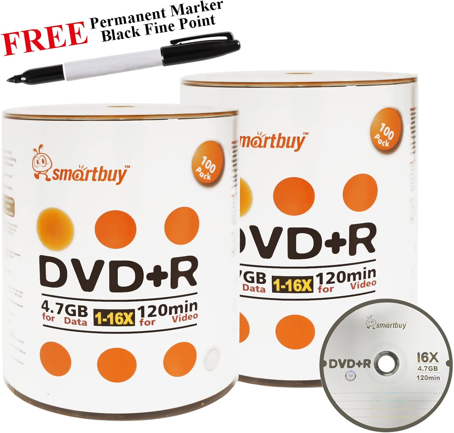 Smartbuy 200-disc 4.7GB/120min 16x DVD+R Logo Top Blank Media Record Disc + Black Permanent Marker