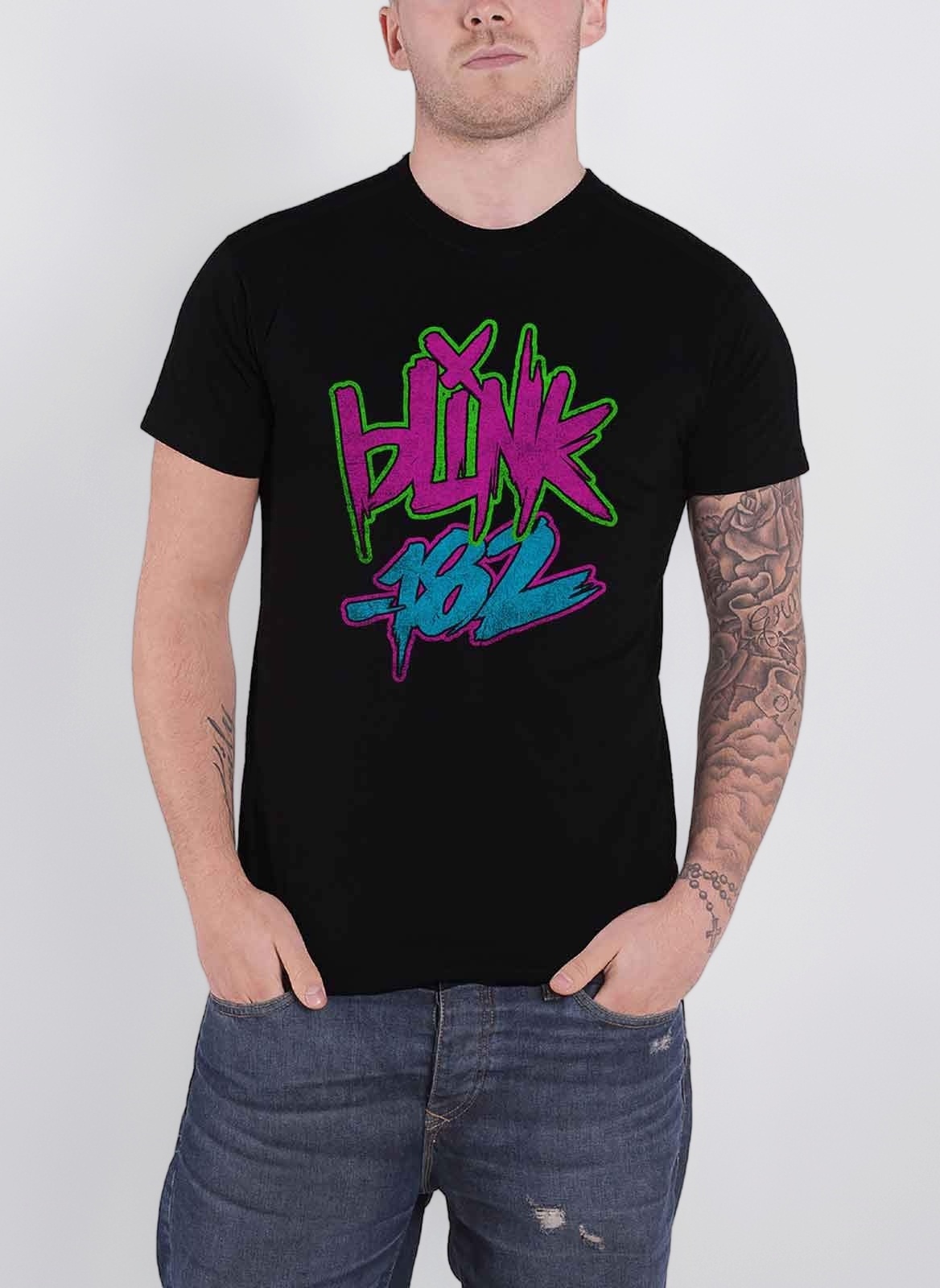 Blink 182 T Shirt Neon Distressed Band Logo Official Mens Black