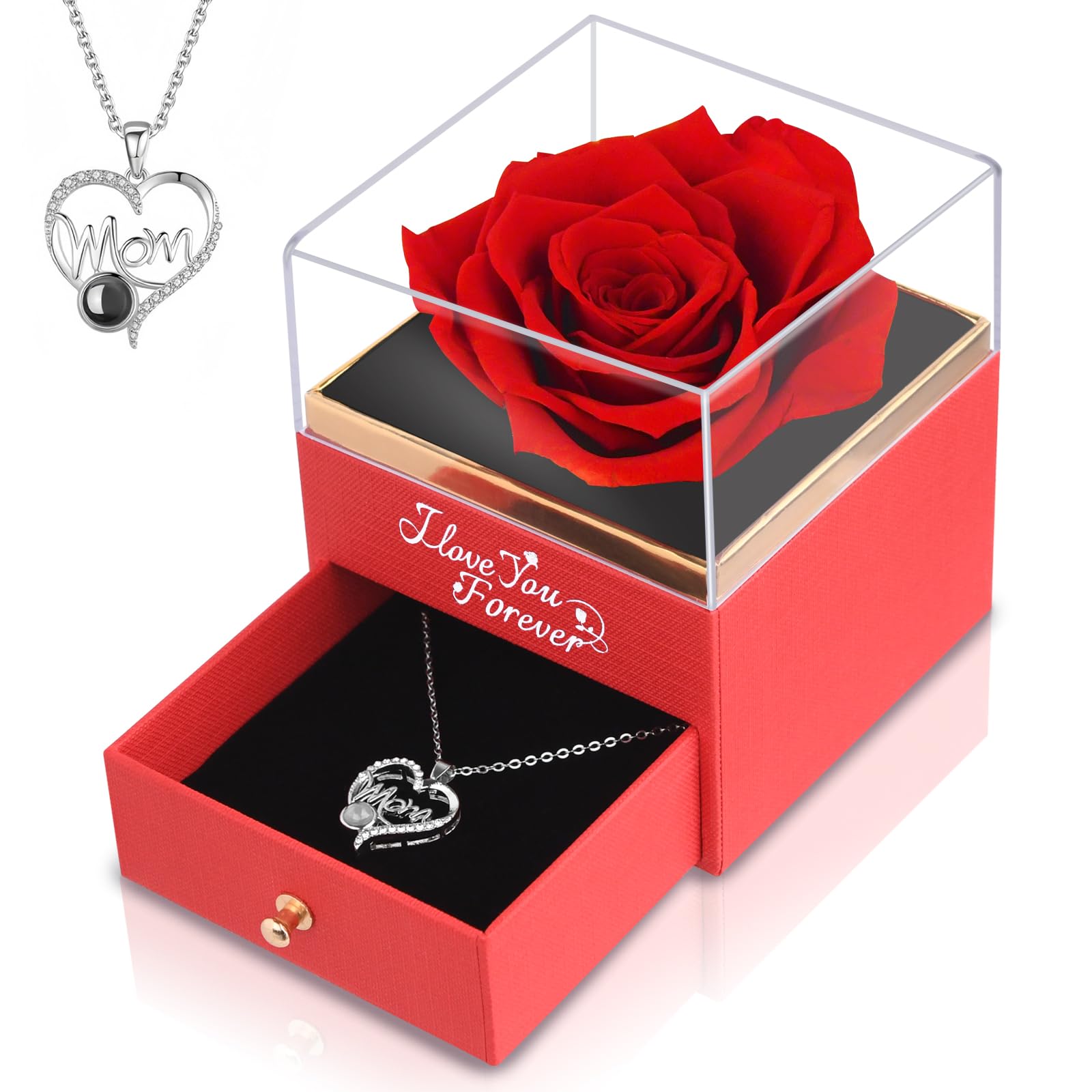 Preserved Roses Flowers Gifts for Mom: Red Real Rose with Necklace for Women Wife Grandma Daughter Sister