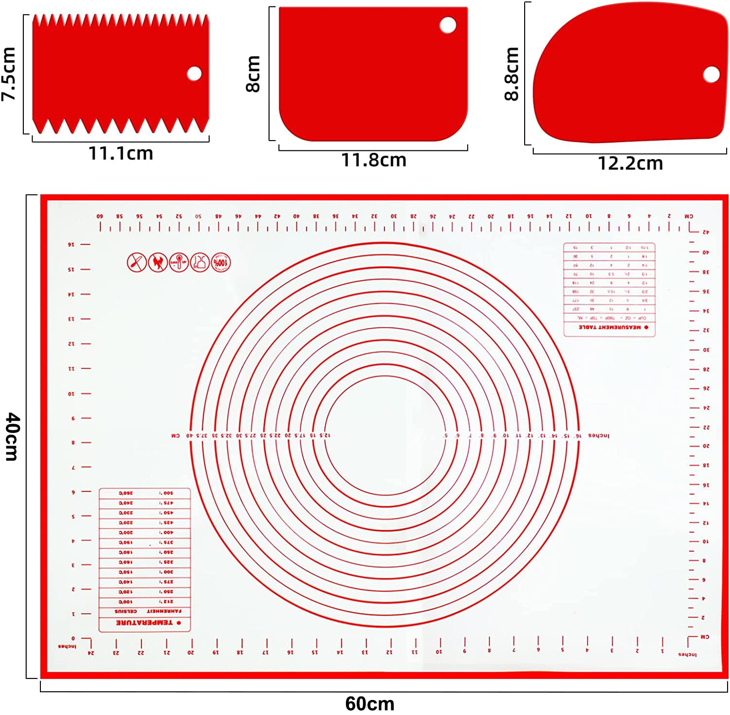 Alfombrilla de silicona para hornear, 60x40 cm, antiadherente, alfombrilla de extrusión con medición, reutilizable, accesorio para hornear con 3 espátulas para masa, fondant, galletas, pizza