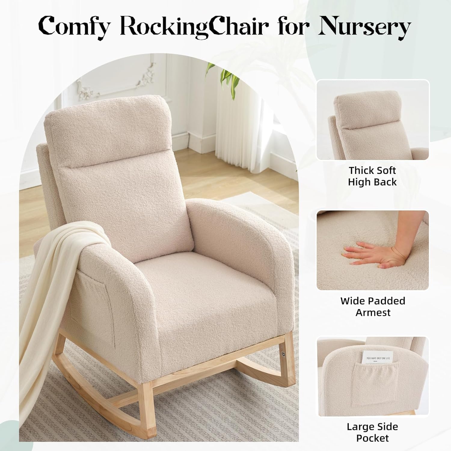 Modern Nursery Chair,Rocking Chair with High Backrest Armchair,Teddy Upholstered Glider Recliner Accent Reading Chairs Padded Seat for Living Room,Bedroom,Beige