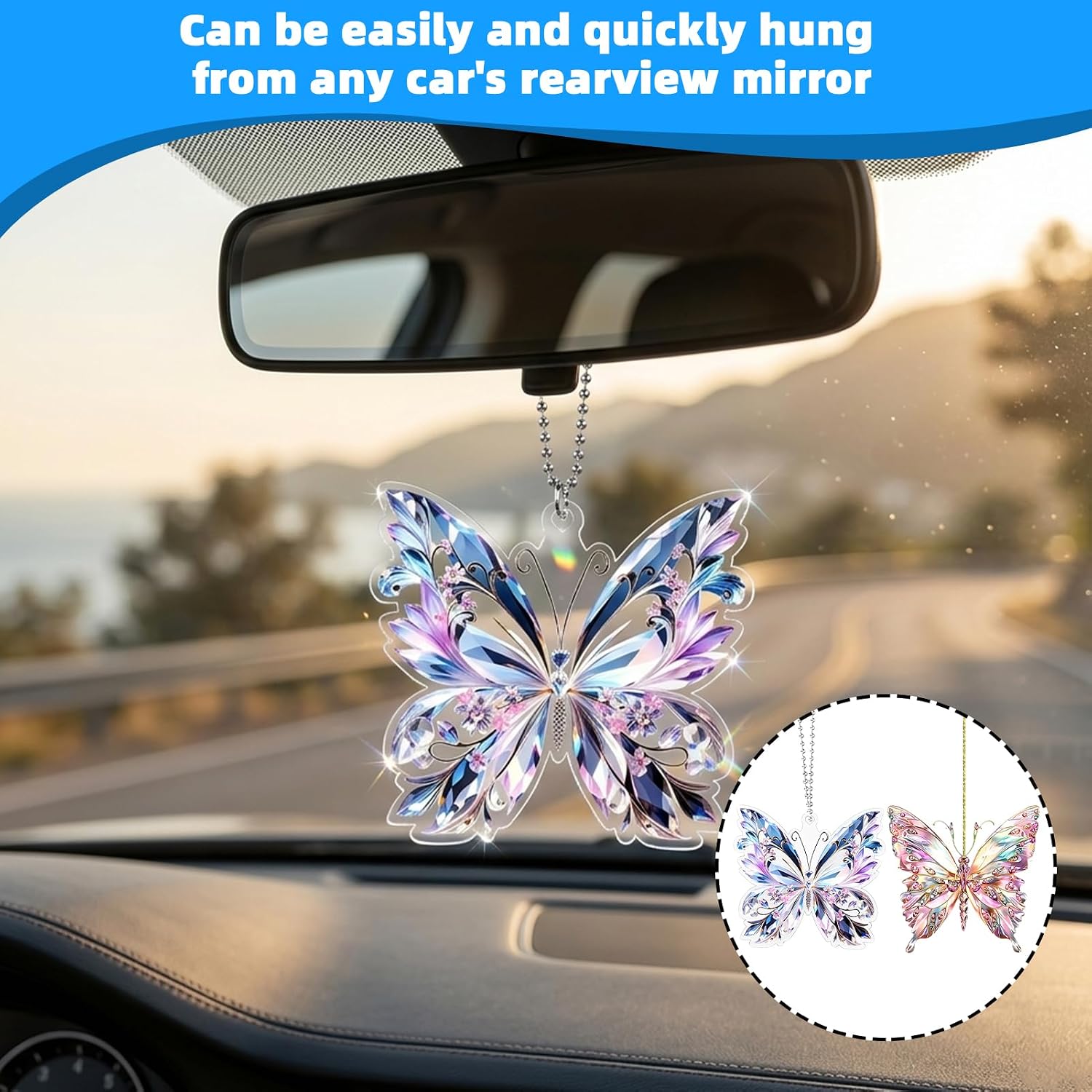 2 Pack Butterfly Car Accessories, Delicate Pink Purple Rearview Mirror Charm Pendant Hanging Decoration for Women Car Interior Ornament image 4