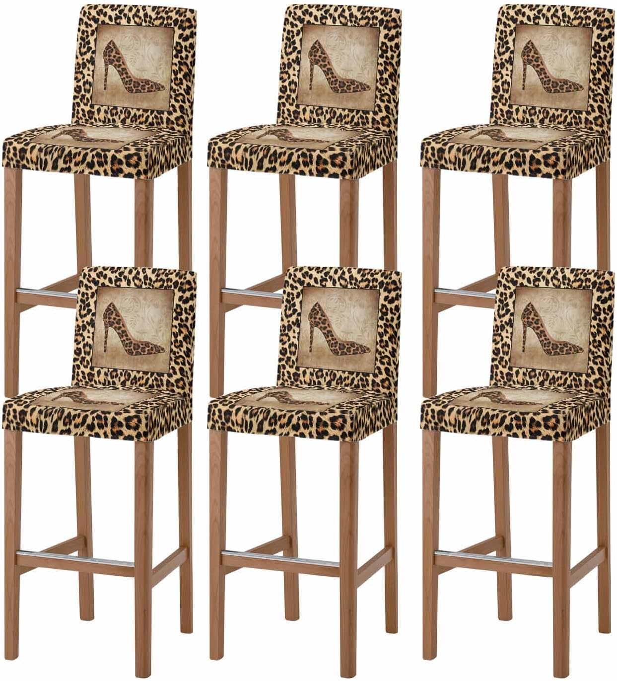 Leopard Print Bar Stool Cover Set of 6, Vintage Rustic High Heels Animal Texture Stretch Bar Chair Cover, Removable Washable Pub Counter Stools Chair Slipcover for Kitchen Dining Room Pub Cafe