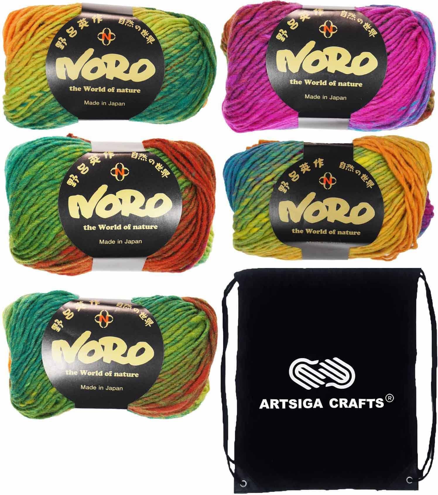 NoroKureyon Knitting Yarn Color #154 Saga Worsted Weight #4, 100% Wool, 5 Skeins per Pack (Same Dyelot), Hand-Dyed by World of Nature Artist Eisaku Noro, Bundled with Artsiga Crafts Project Bag
