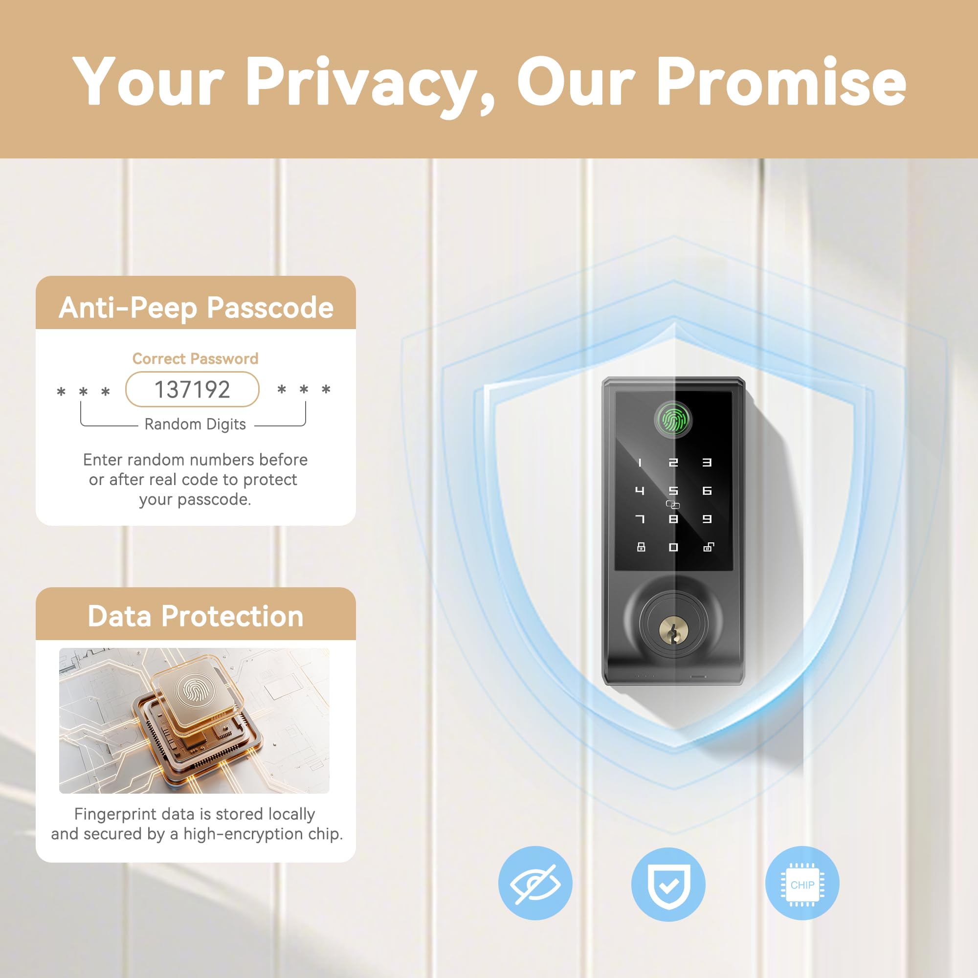 IRONZON Serrure de porte intelligente à empreintes digitales, pêne dormant sans clé 5 en 1 pour porte d'entrée avec clavier tactile, contrôle par application, verrouillage automatique, serrure de