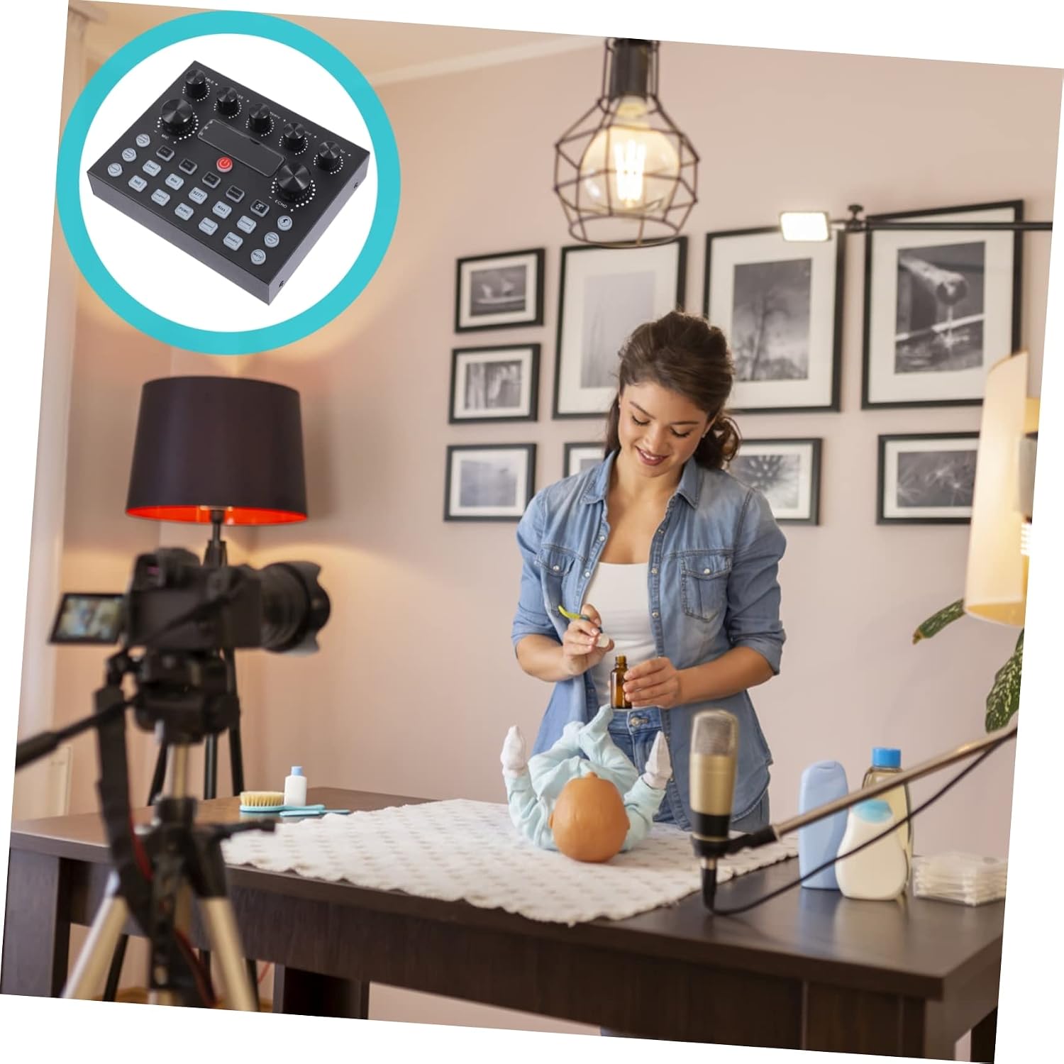 Lighting External Sound Card for Live Streaming Dual Microphone Port Dj Equipment Easy to Install Music Mixer Sound Effects for Mobile Computer Use