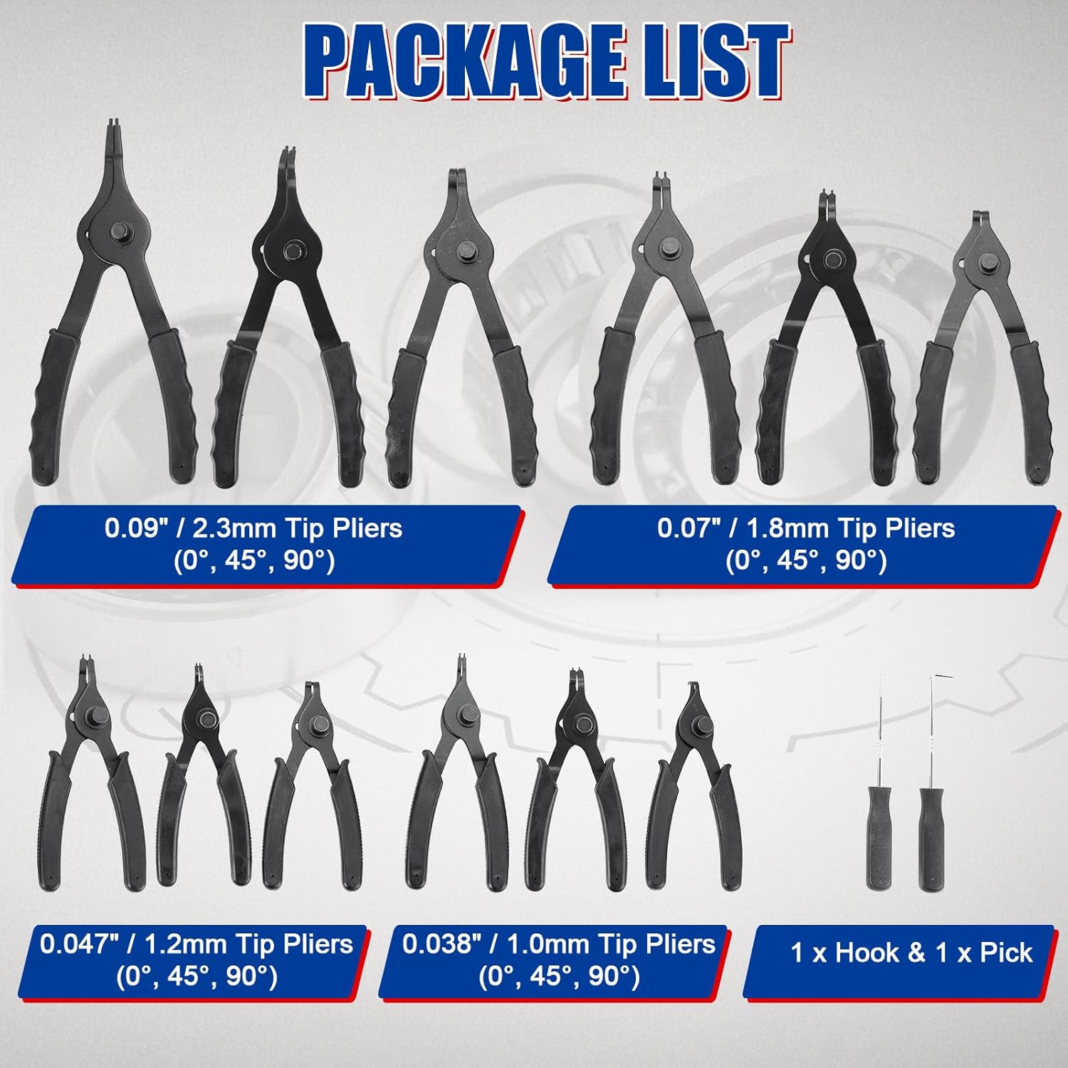 14pcs Snap Ring Plier Set, Straight & Bent Retaining Ring Pliers, Long Reach Snap Ring Plier with Hook & Pick, Retaining Clip and Circlip Removal Tools for 0.038in 0.047in 0.070in 0.090in
