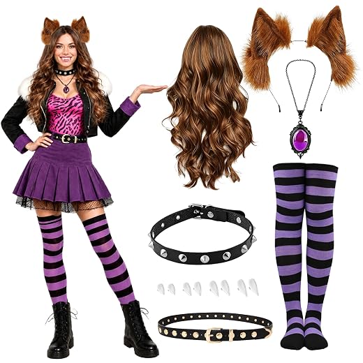 10 Pcs Halloween Wolf Costume for Women Monster Girl Costume Werewolf Accessories Set Choker Collar Fake Teeth Wolf Ears Headband Belt Curly Wig Necklace Striped Socks for Halloween Cosplay Party