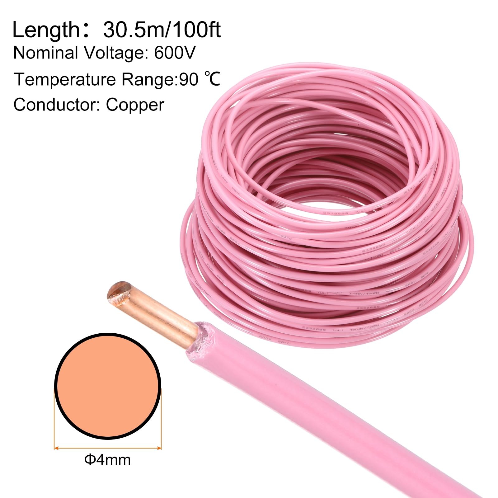 QUARKZMAN 100 Pies Cable Eléctrico Aislado Cobre Sólido 12AWG Cable De Conexión THHN Cable Residencial Industrial Para Puesta A Tierra Clasificado Para 600 Voltios Listado UL Rosa