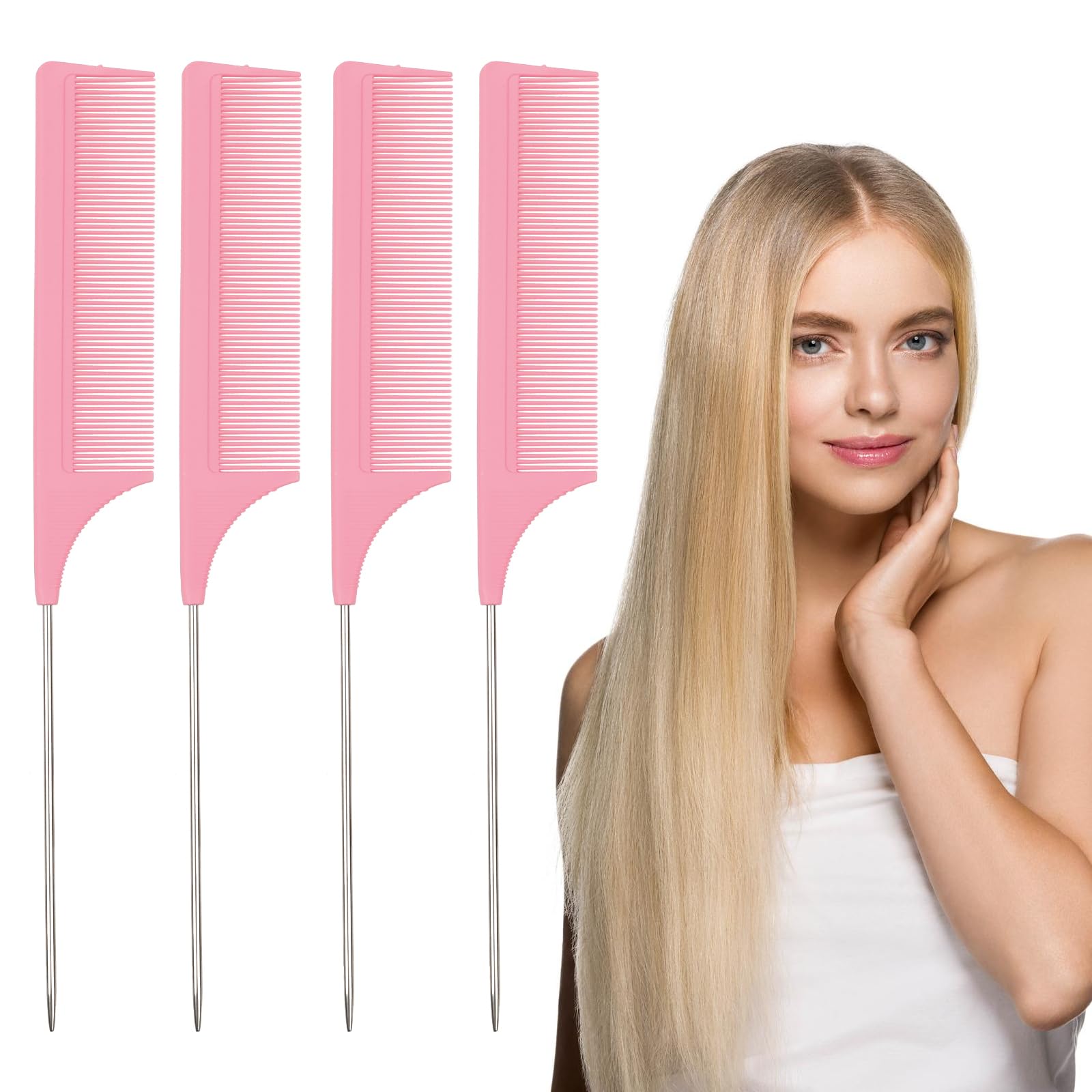 Photo 1 of 4 Packs Rat Tail Combs Barber Comb Styling Comb Rattail Comb with Metal Stainless Steel Pintail for Sectioning, Teasing and Styling Hair(pink)