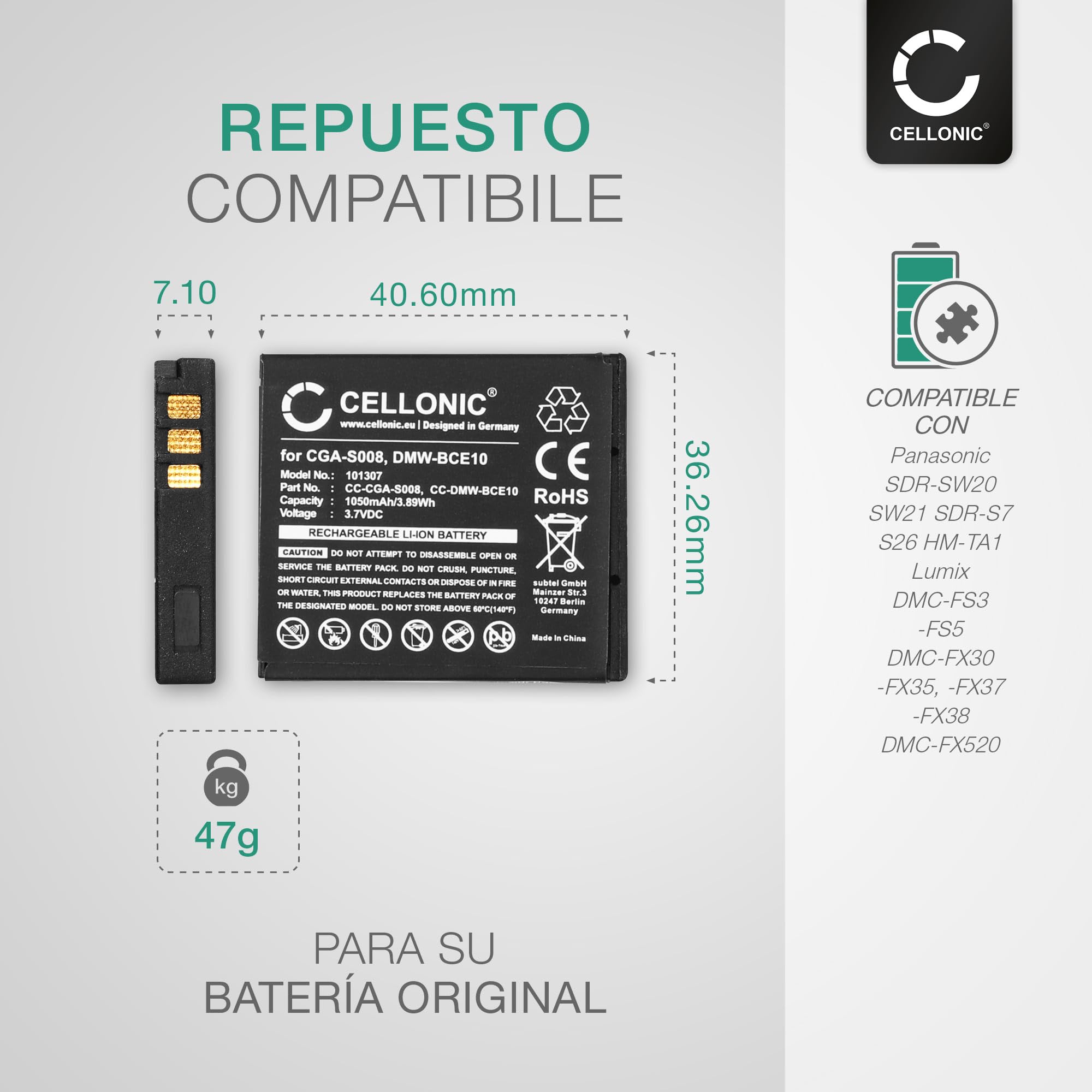 CS-BCE10 Batería 1050mAh Compatible Con [Leica] Para C-Lux 2, Para C-Lux 3, Para [Ricoh] Para Caplio CX1, Para Caplio CX2, Para R10, Para R6, Para R7, Para R8, Para [Panasonic] Para DMC-FS3